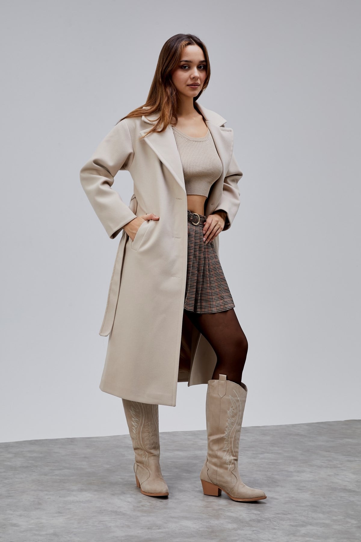 Bej Premium Oversize Kemerli Kaşe Kaban