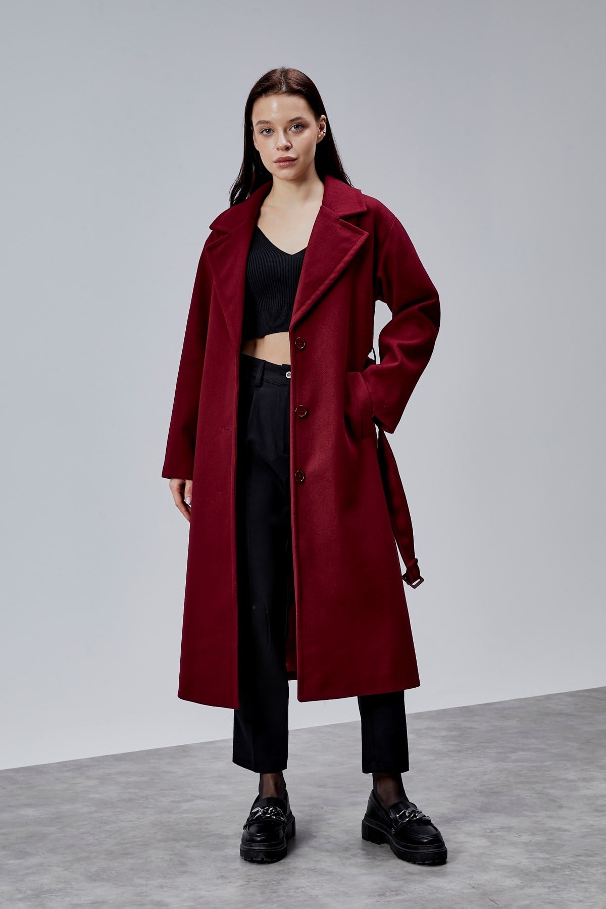 Bej Premium Oversize Kemerli Kaşe Kaban