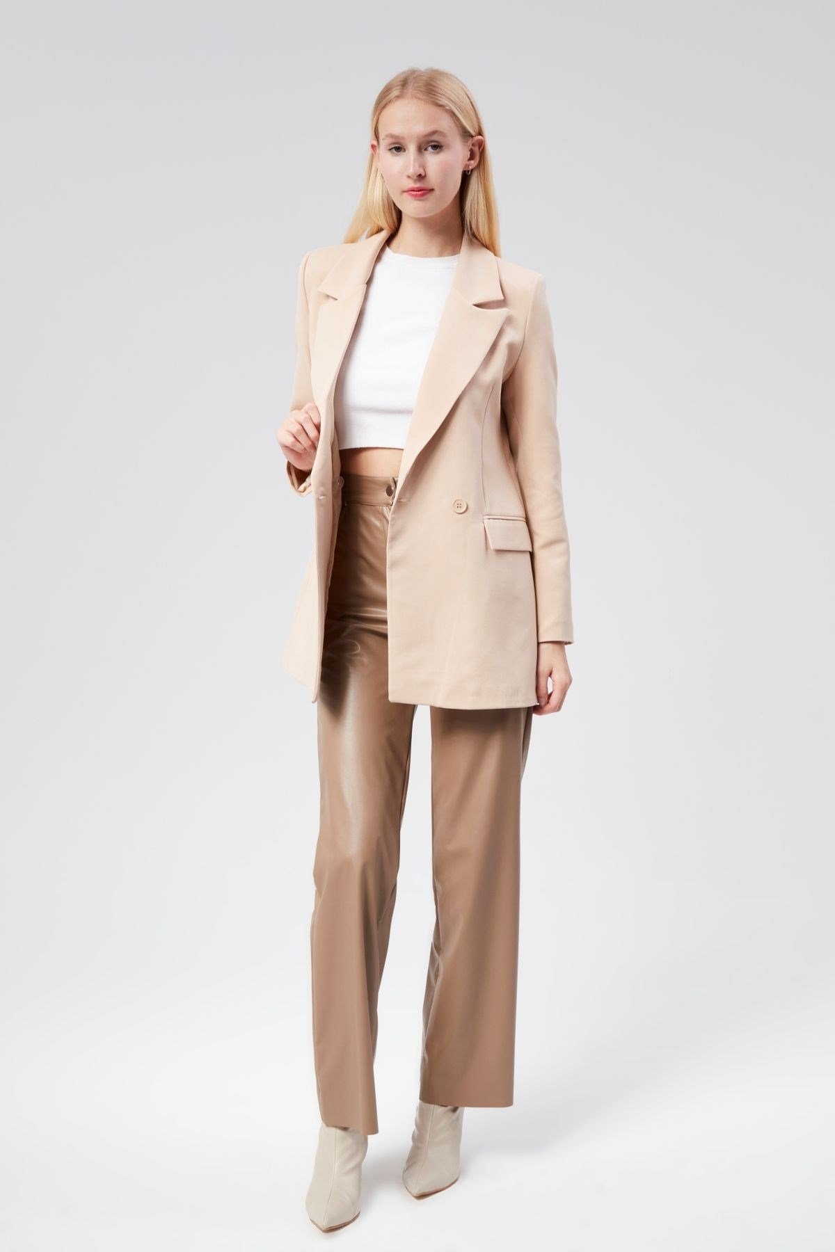 Bej Regular Astarlı Dokuma Oversize Blazer Ceket