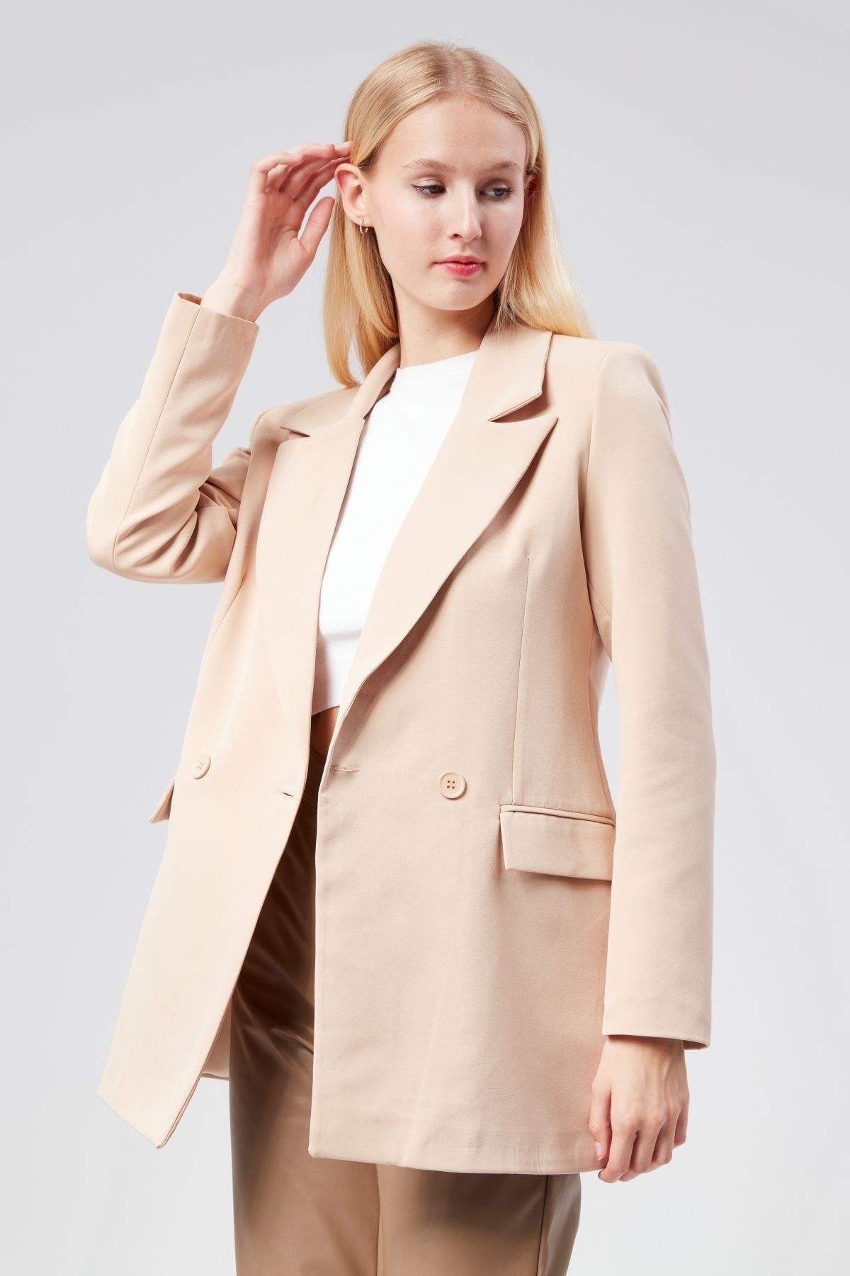 Bej Regular Astarlı Dokuma Oversize Blazer Ceket