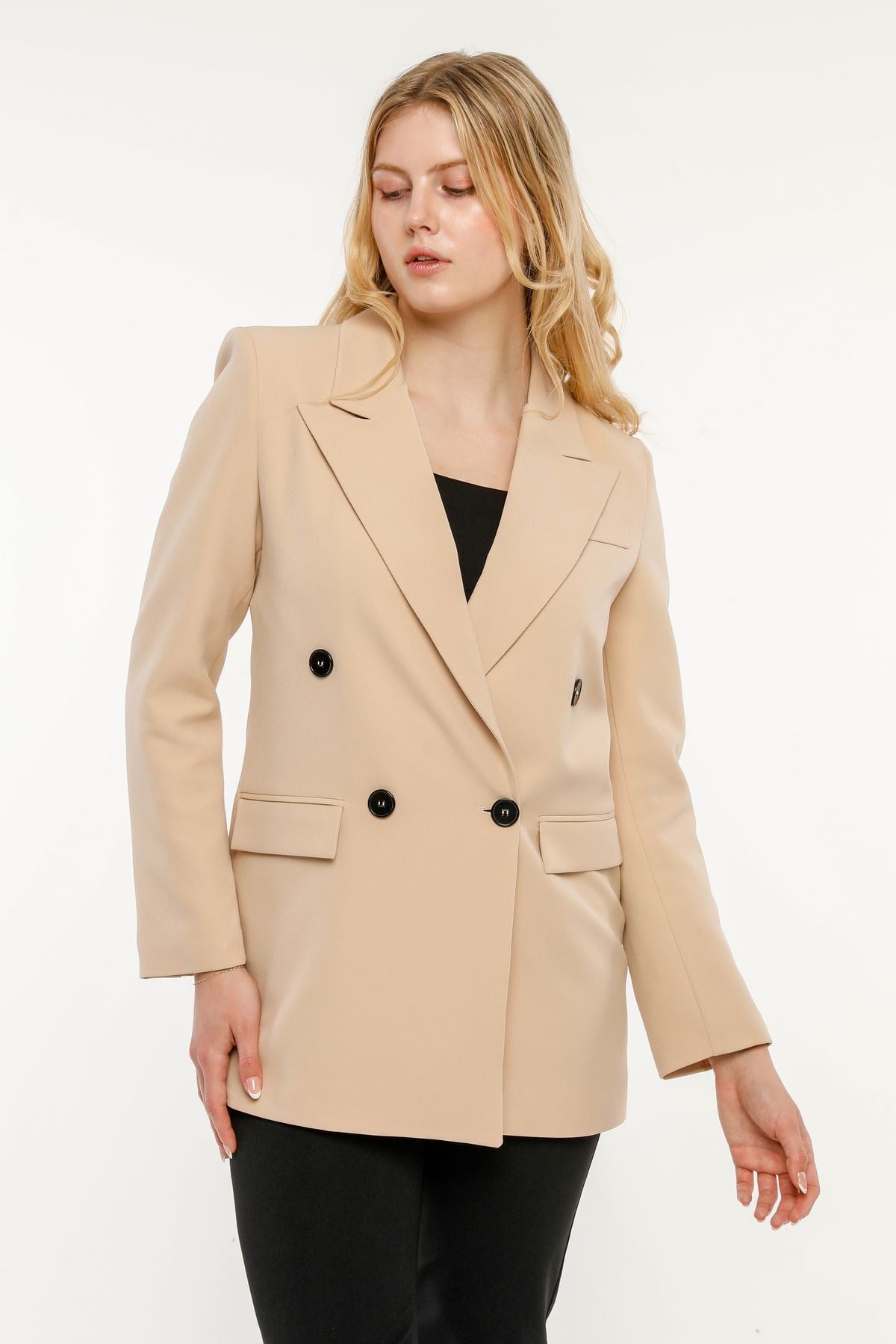 Bej Regular Astarlı Kruvaze Kapama Dokuma Oversize Blazer Ceket