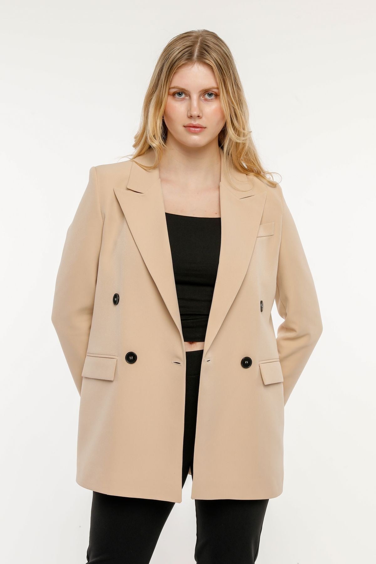 Bej Regular Astarlı Kruvaze Kapama Dokuma Oversize Blazer Ceket