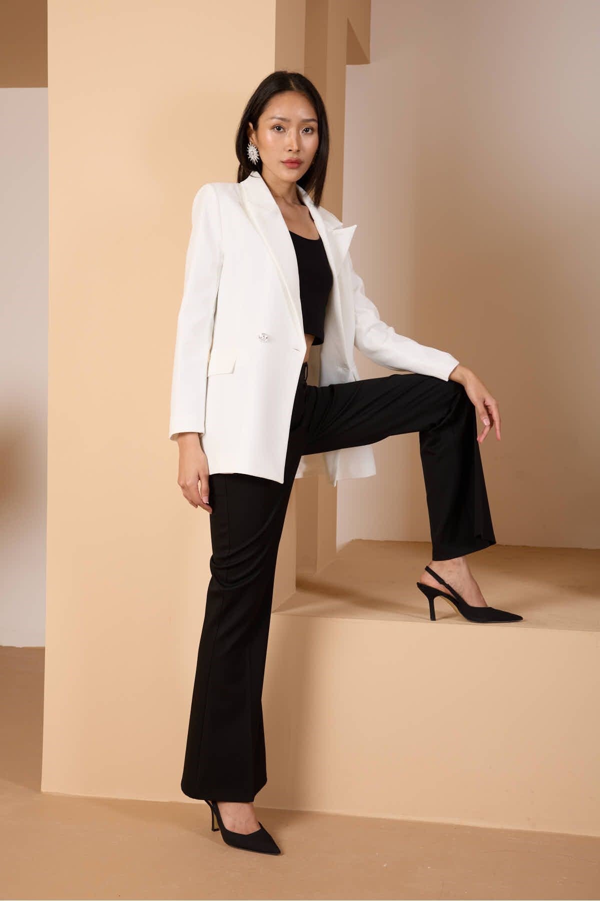 Beyaz Oversize Dokuma Blazer Ceket