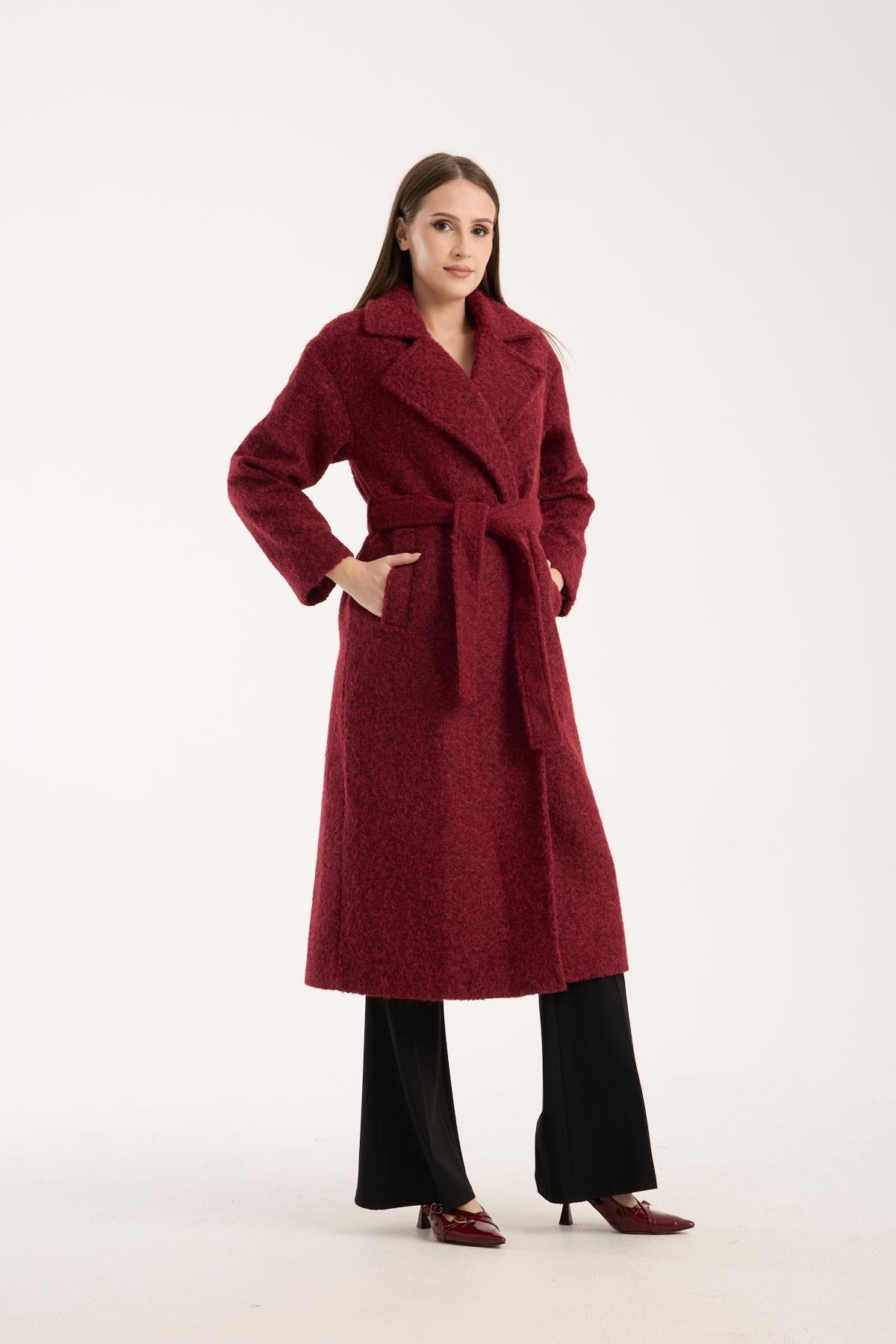 Bordo Buklet Kaşe Oversize Kaban