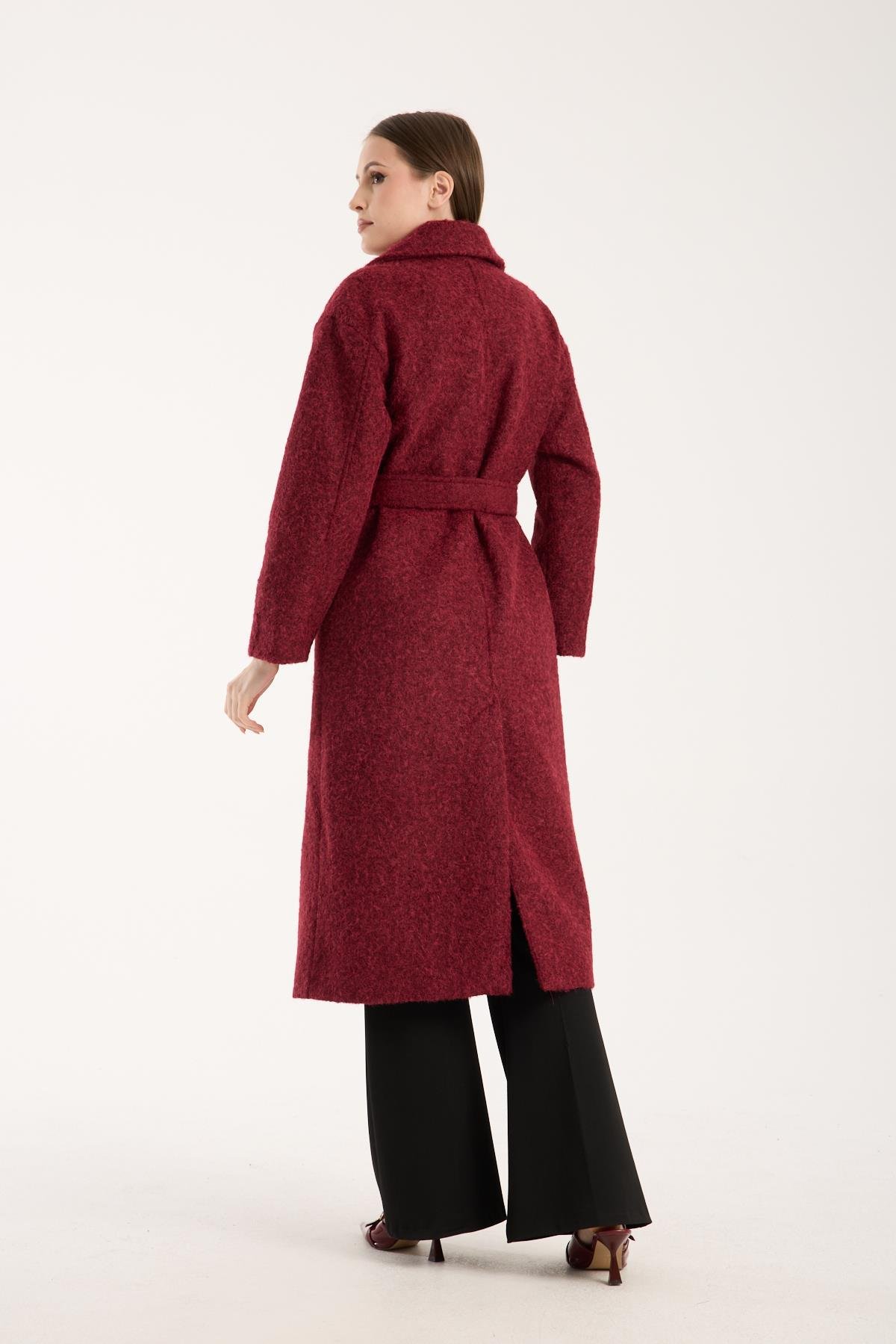 Bordo Buklet Kaşe Oversize Kaban
