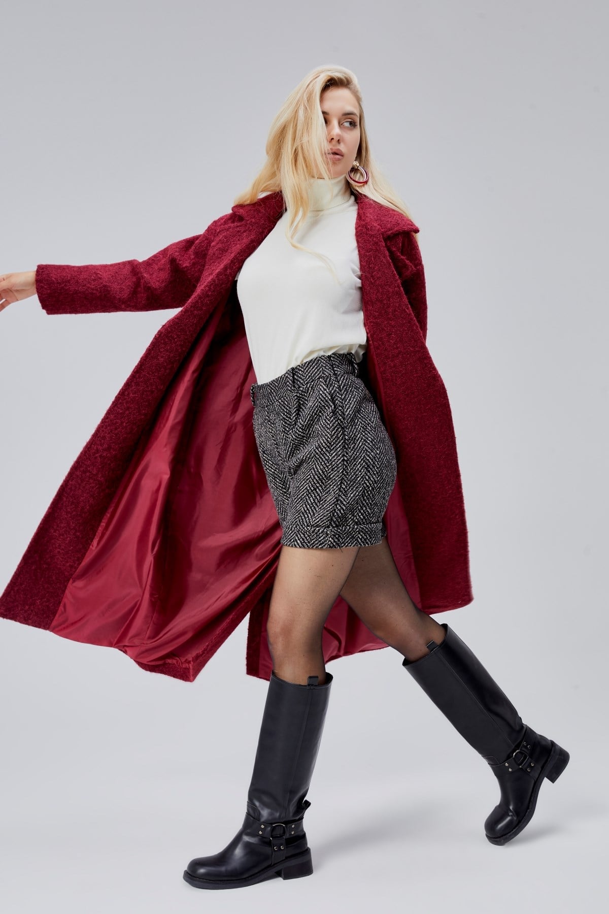 Bordo Buklet Kaşe Oversize Kaban