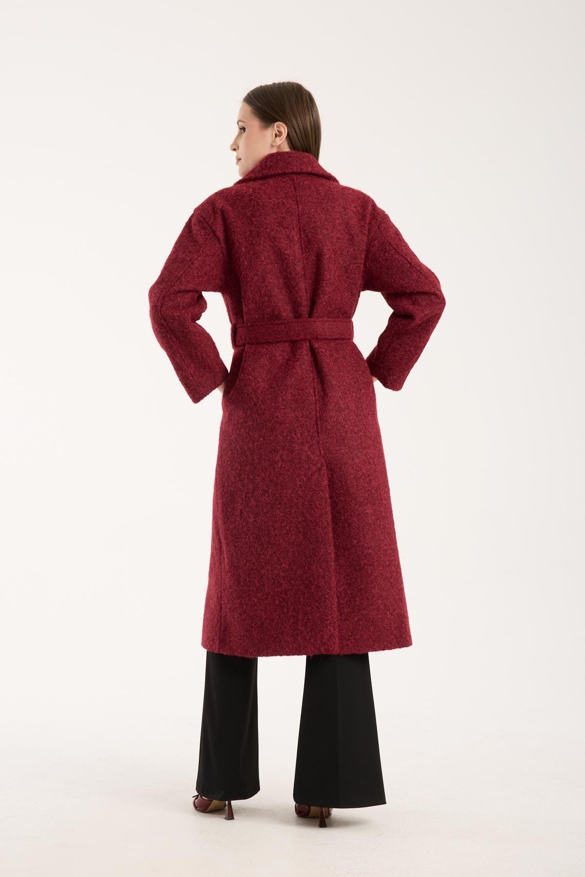 Bordo Buklet Kaşe Oversize Kaban