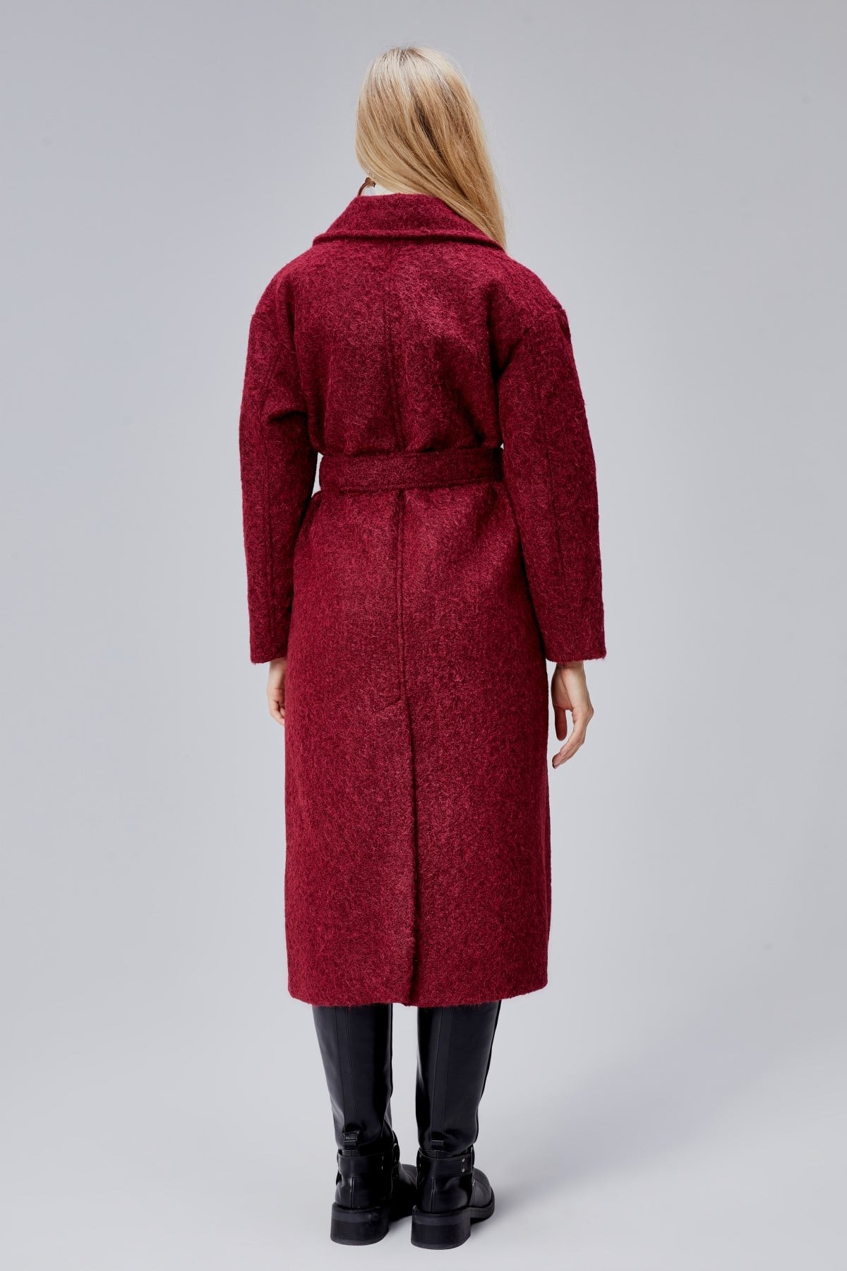 Bordo Buklet Kaşe Oversize Kaban