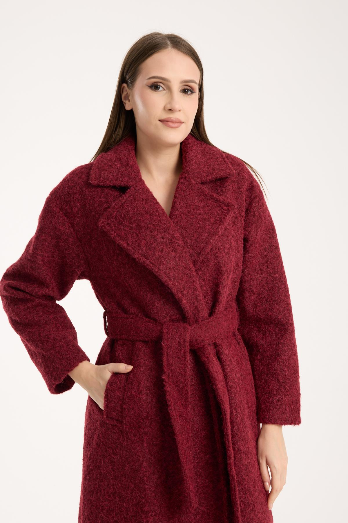 Bordo Buklet Kaşe Oversize Kaban