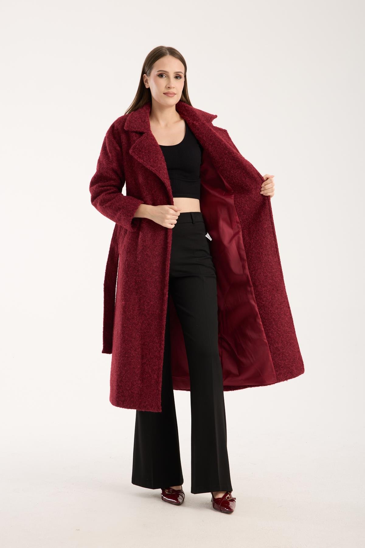 Bordo Buklet Kaşe Oversize Kaban