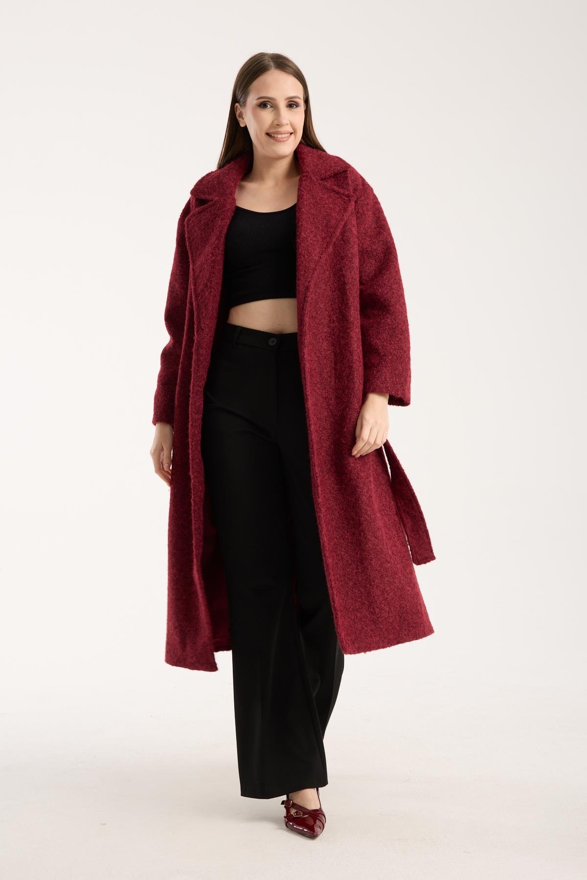 Bordo Buklet Kaşe Oversize Kaban