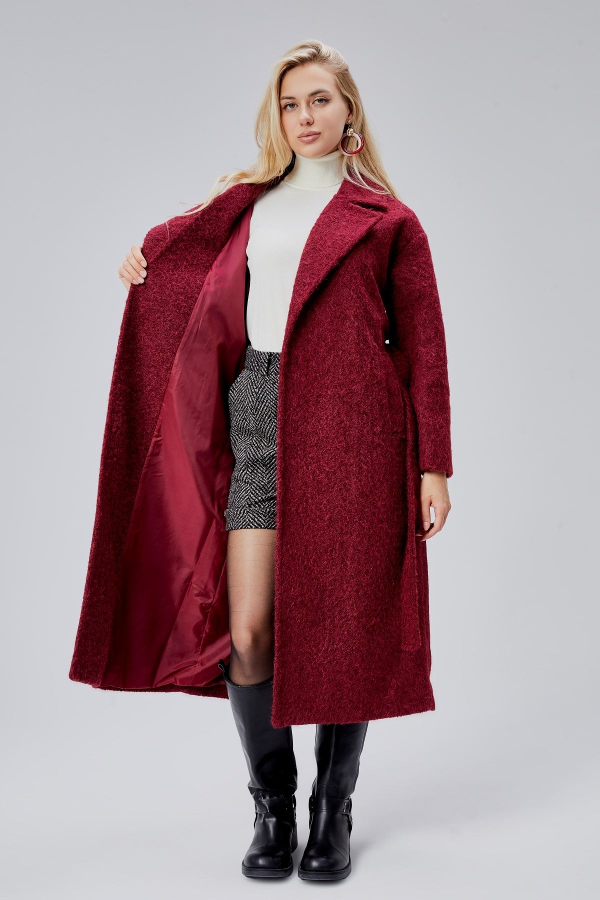 Bordo Buklet Kaşe Oversize Kaban