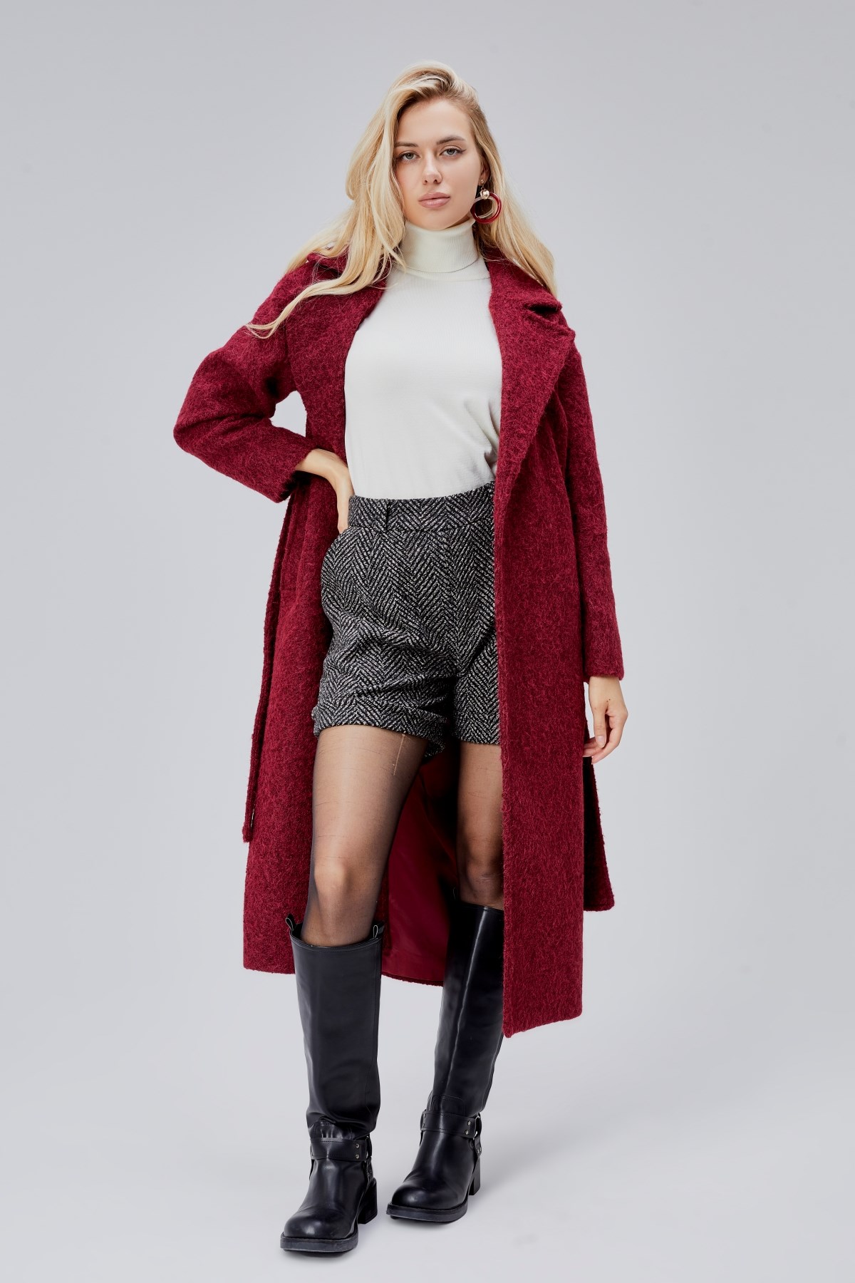 Bordo Buklet Kaşe Oversize Kaban