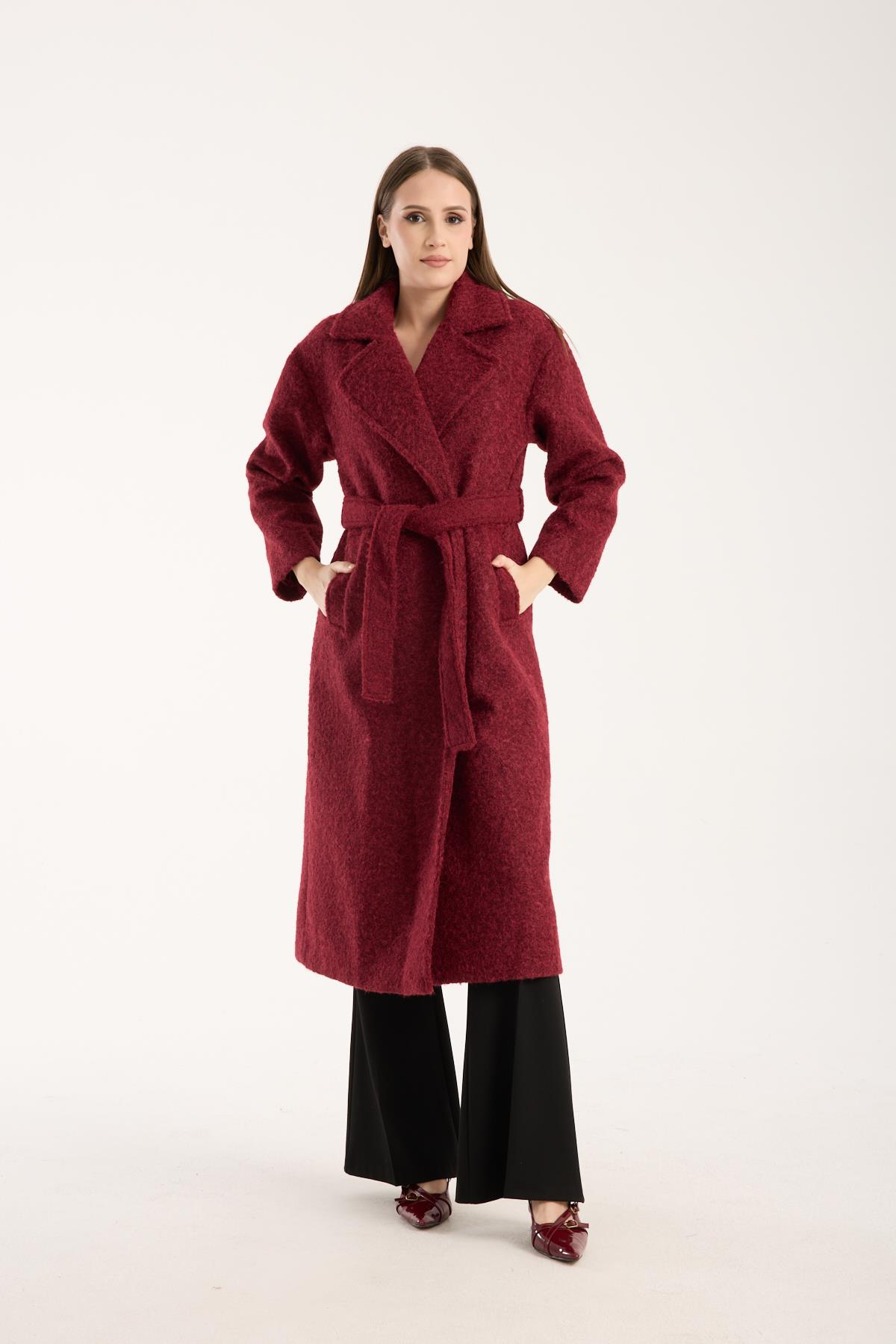 Bordo Buklet Kaşe Oversize Kaban