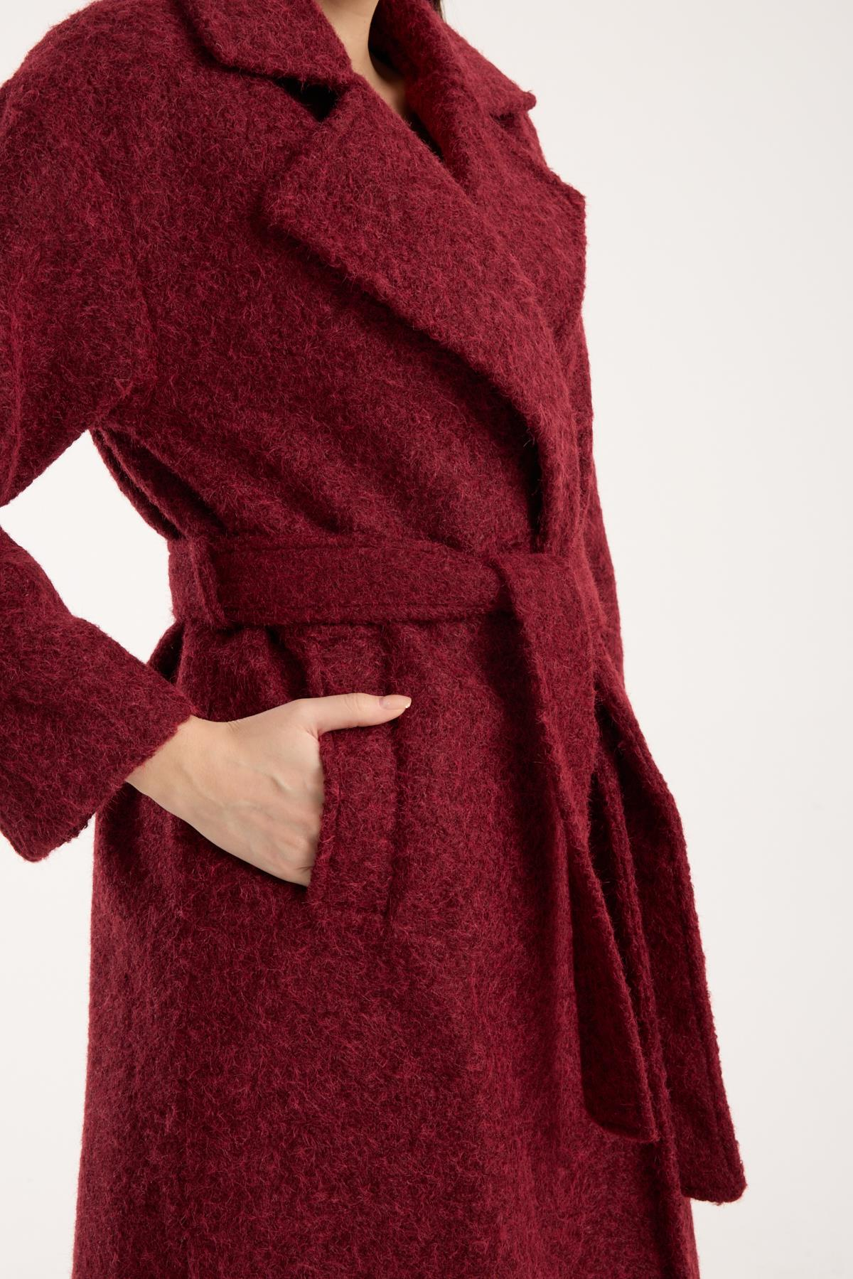 Bordo Buklet Kaşe Oversize Kaban
