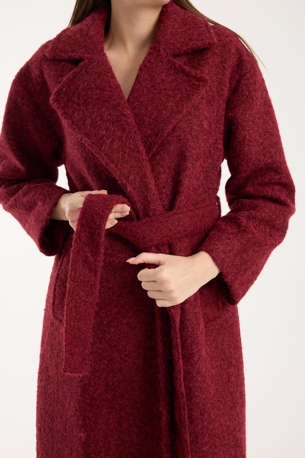 Bordo Buklet Kaşe Oversize Kaban