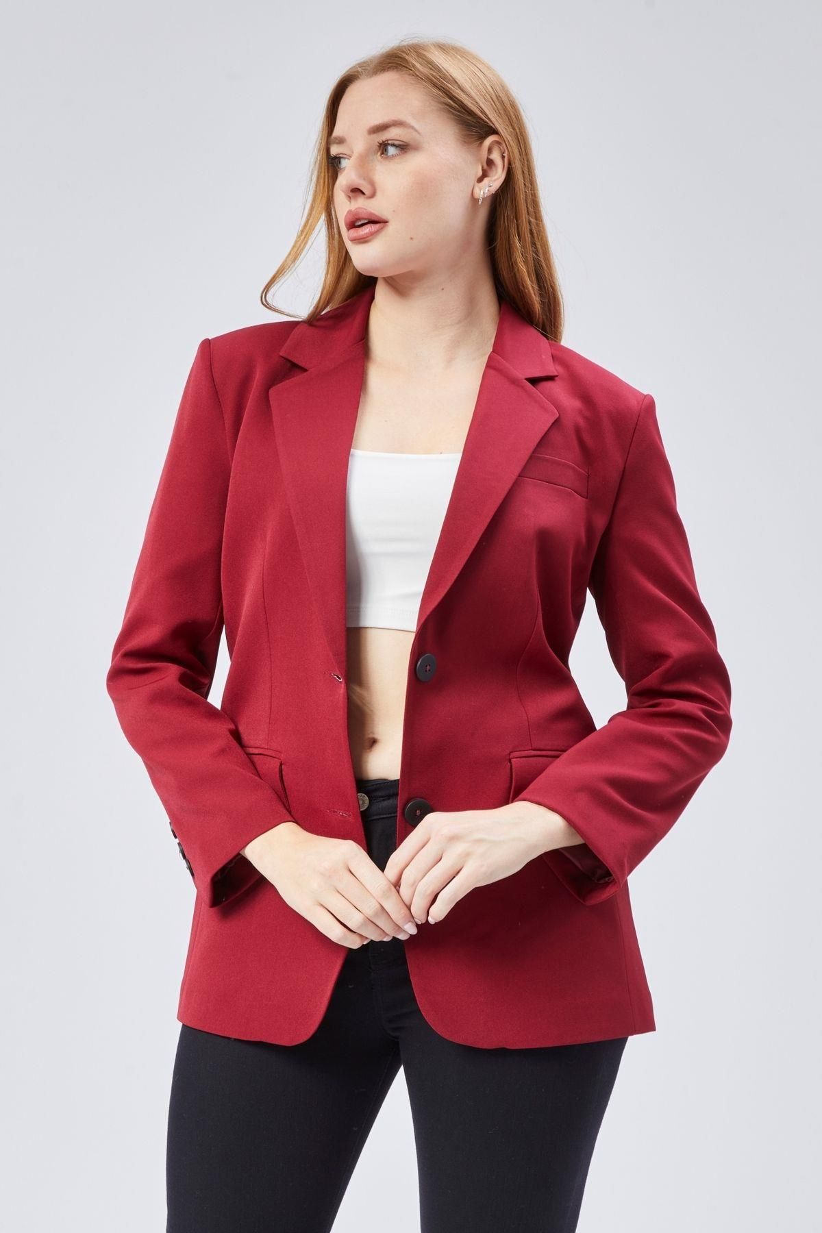 Bordo Kadın Düğmeli Oversize Blazer Ceket