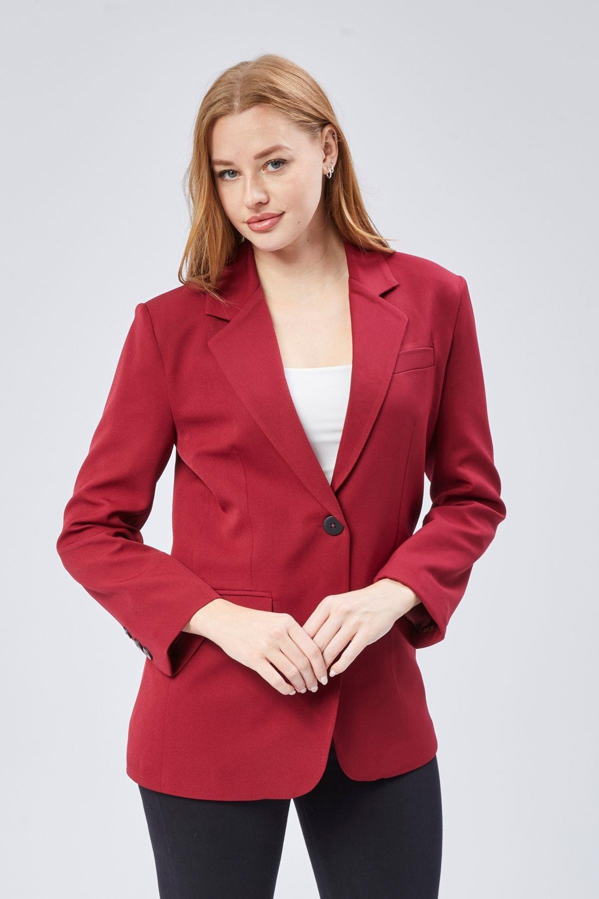 Bordo Kadın Düğmeli Oversize Blazer Ceket