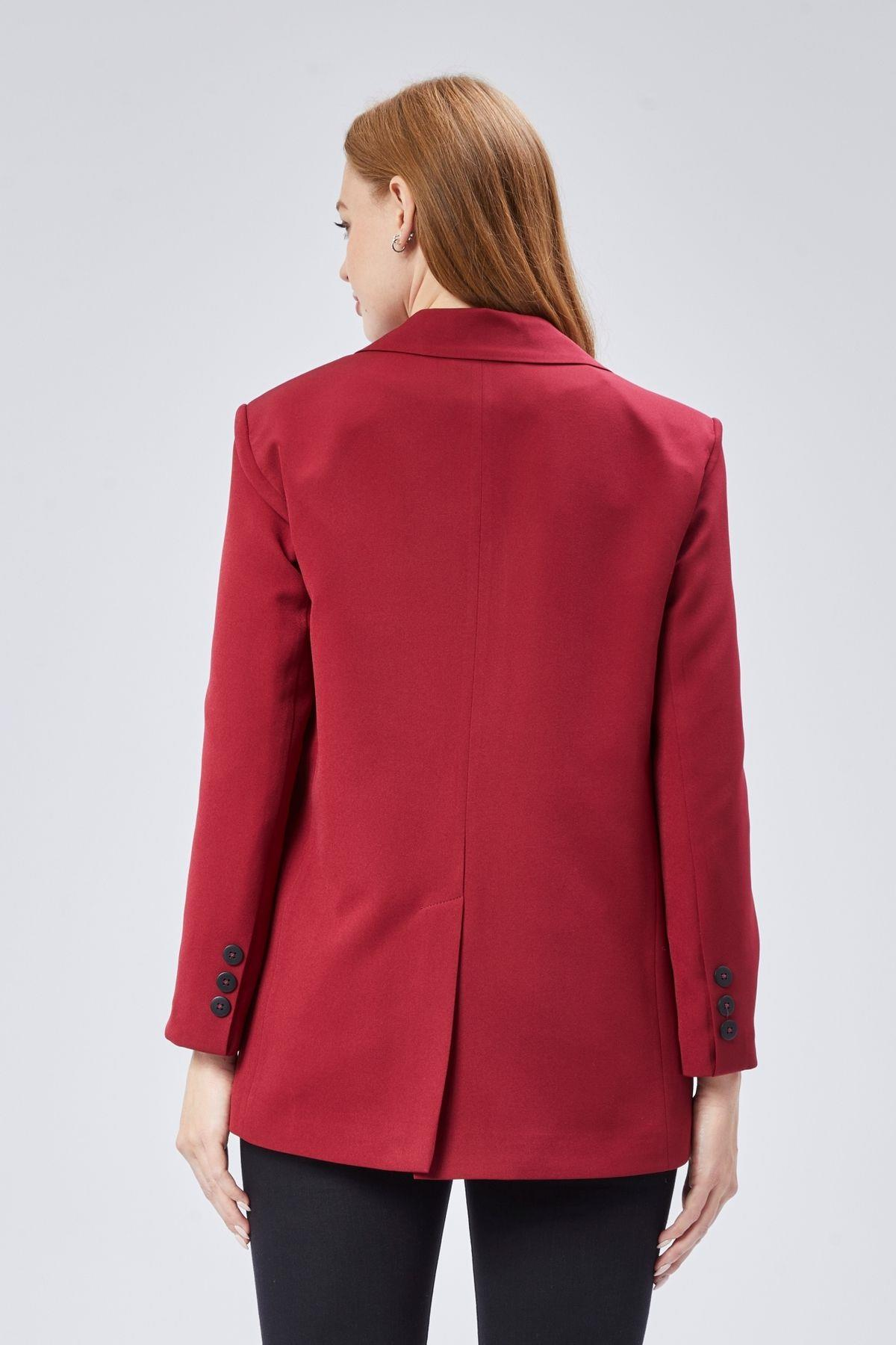 Bordo Kadın Düğmeli Oversize Blazer Ceket