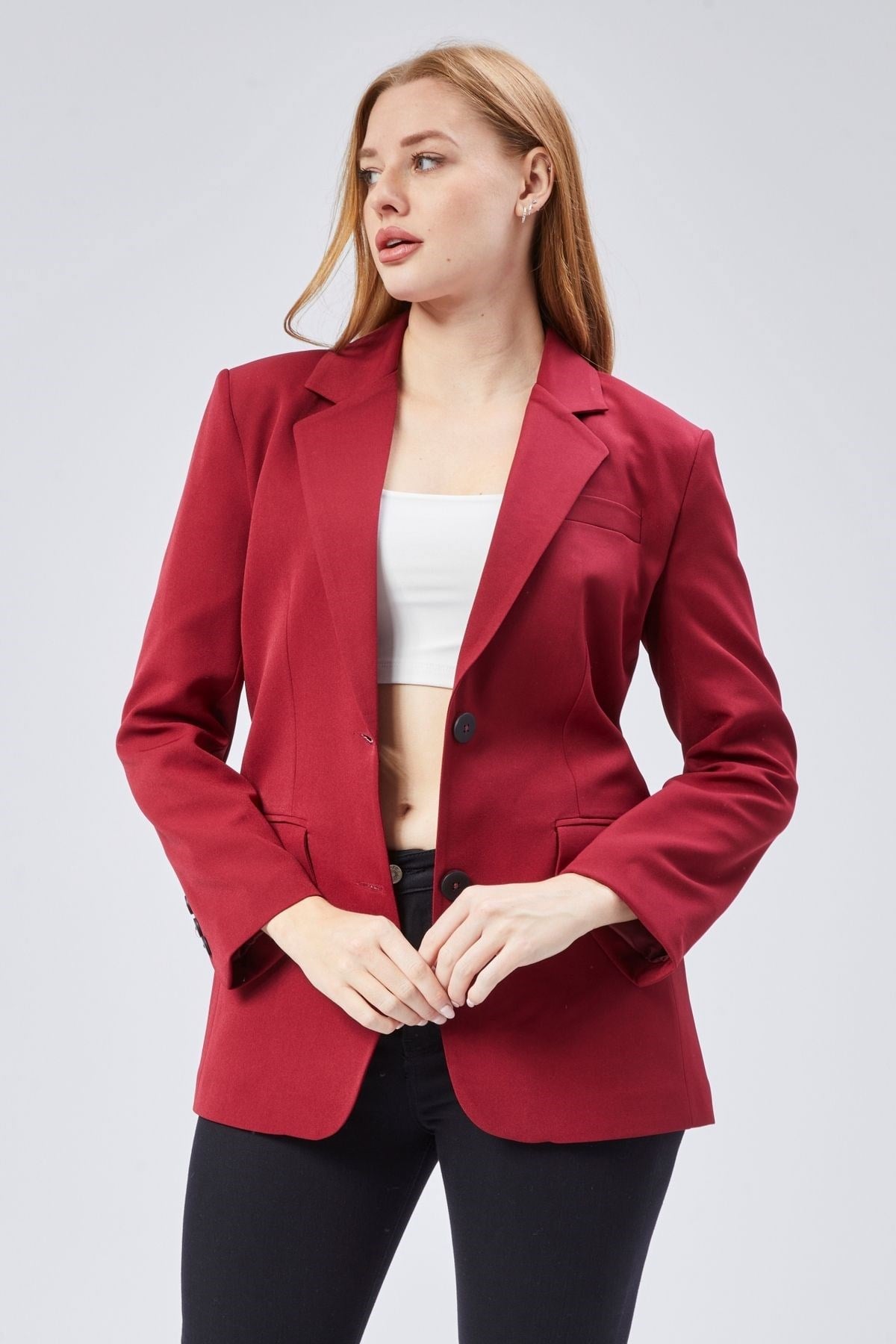 Bordo Kadın Düğmeli Oversize Blazer Ceket