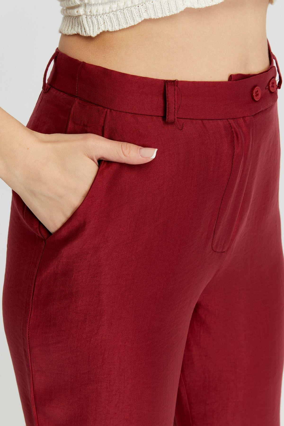 Bordo Keten İspanyol Paça Dokuma Pantolon