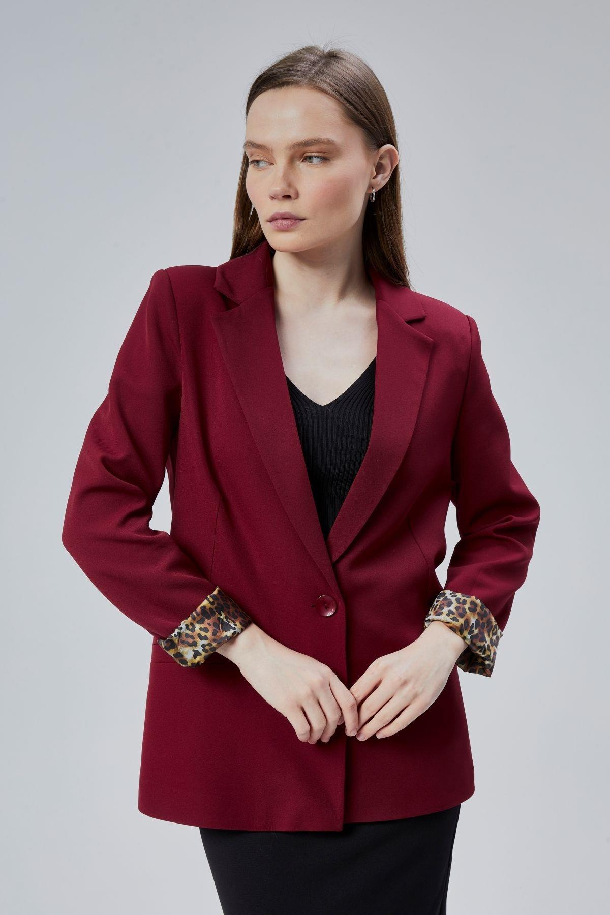 Bordo Kruvaze Yaka Kolu Katlama Detaylı Regular Vatkalı Blazer Ceket