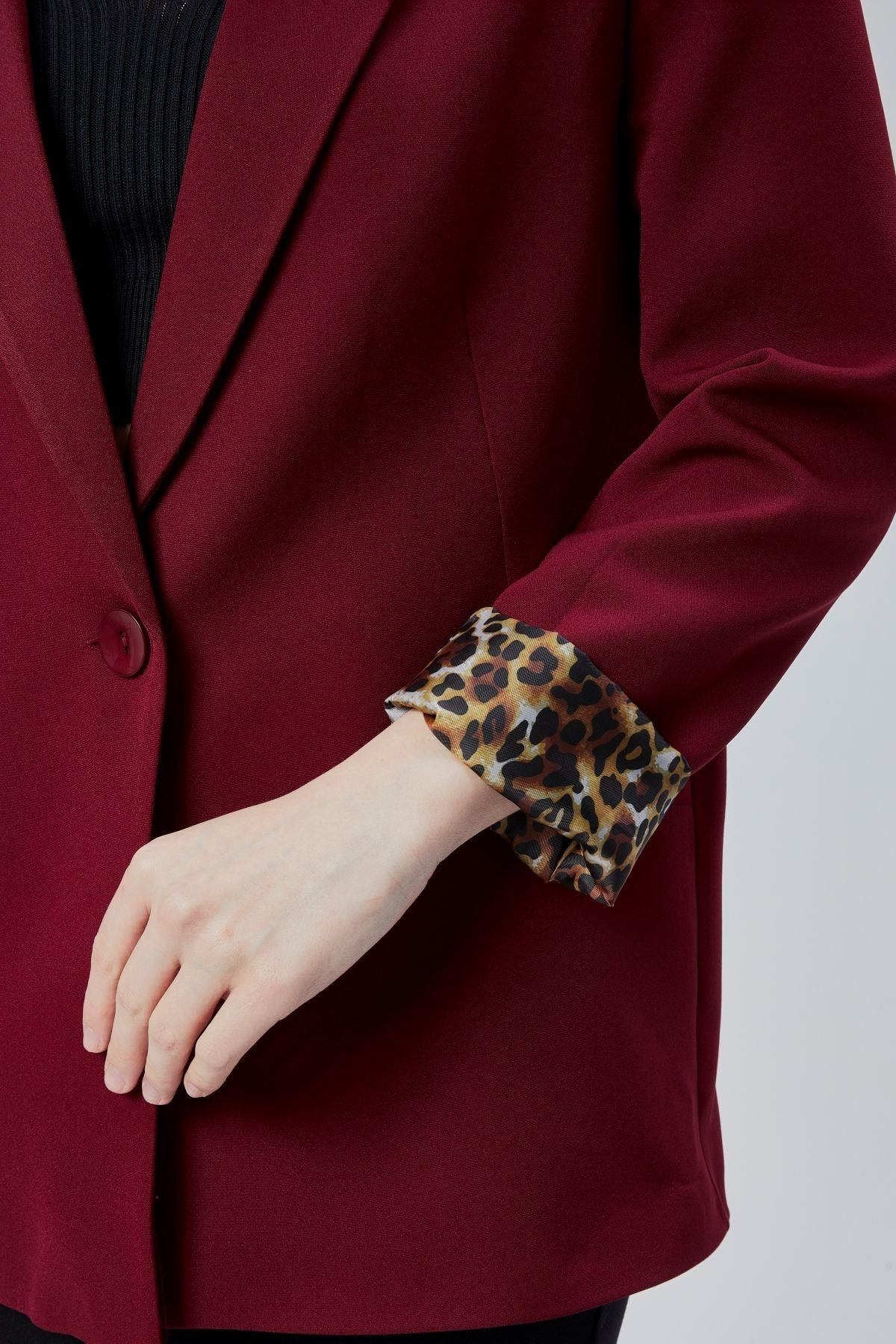 Bordo Kruvaze Yaka Kolu Katlama Detaylı Regular Vatkalı Blazer Ceket