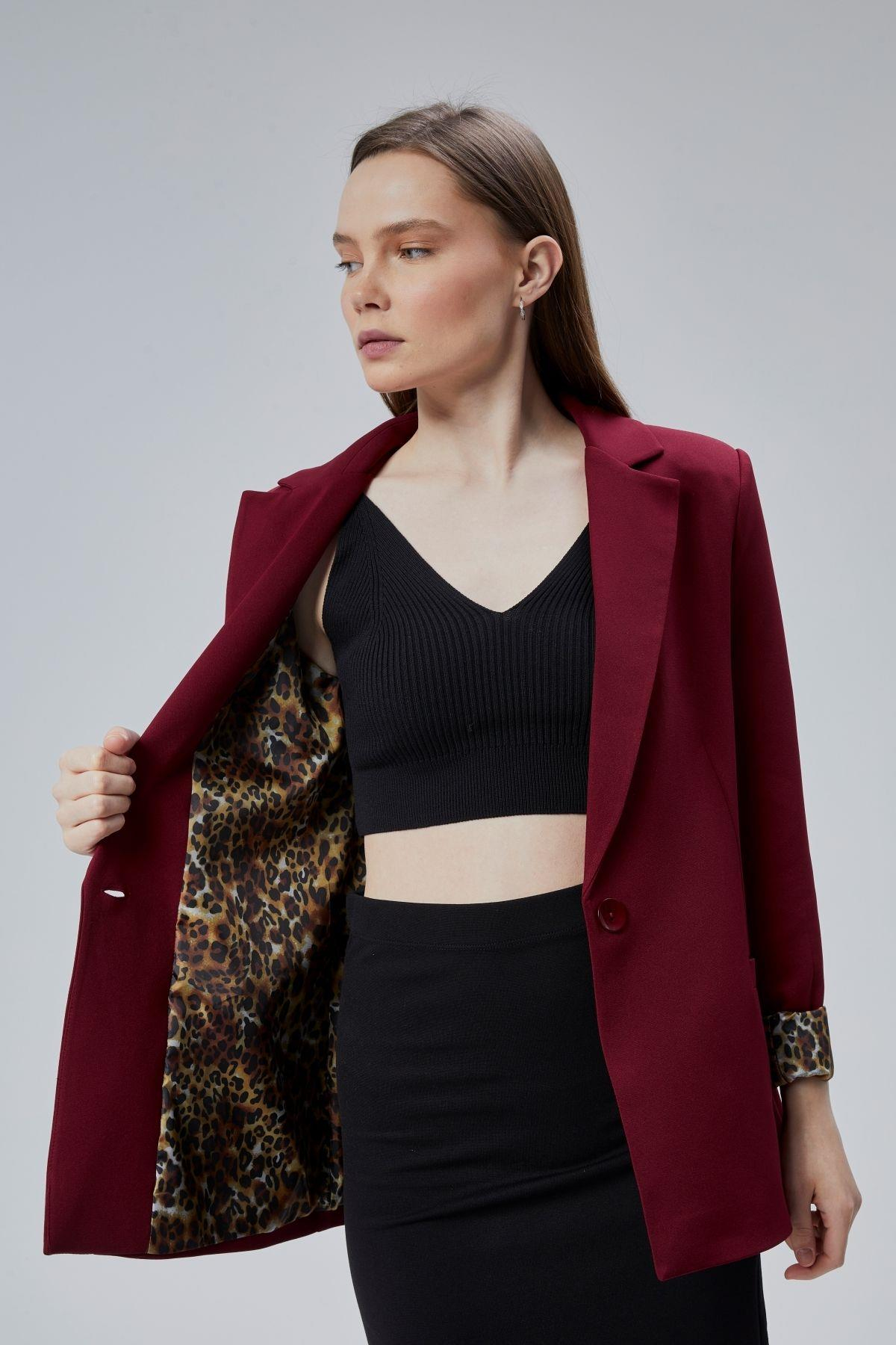 Bordo Kruvaze Yaka Kolu Katlama Detaylı Regular Vatkalı Blazer Ceket