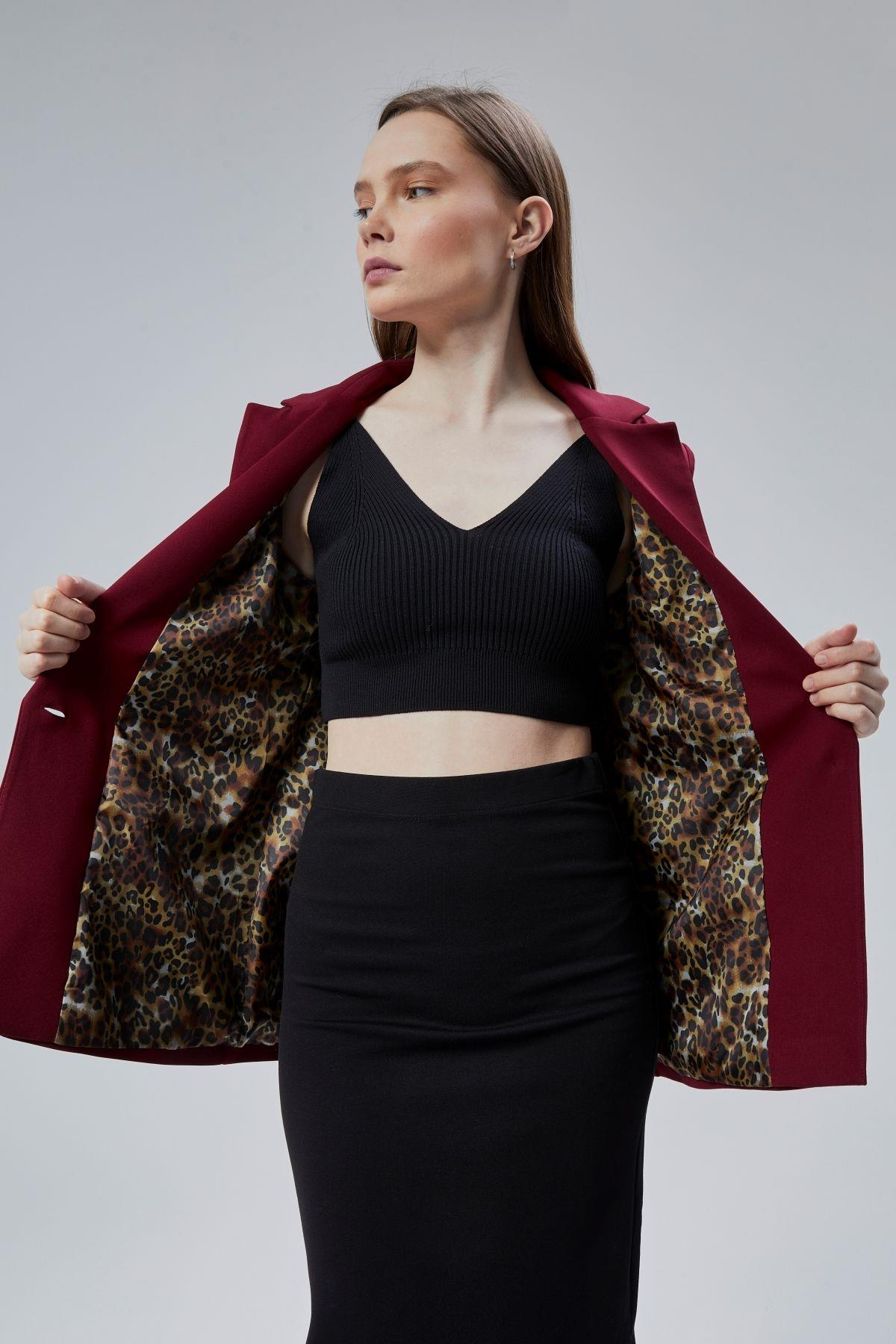 Bordo Kruvaze Yaka Kolu Katlama Detaylı Regular Vatkalı Blazer Ceket