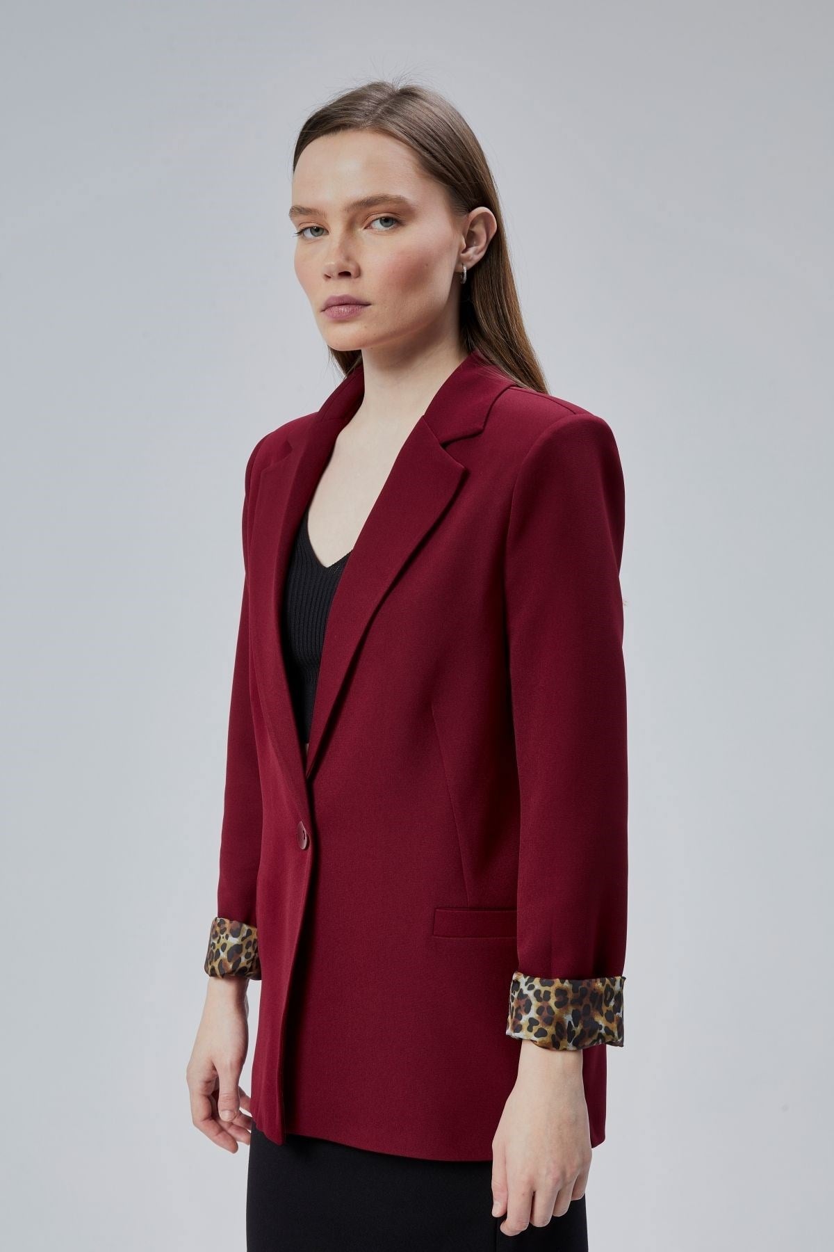 Bordo Kruvaze Yaka Kolu Katlama Detaylı Regular Vatkalı Blazer Ceket