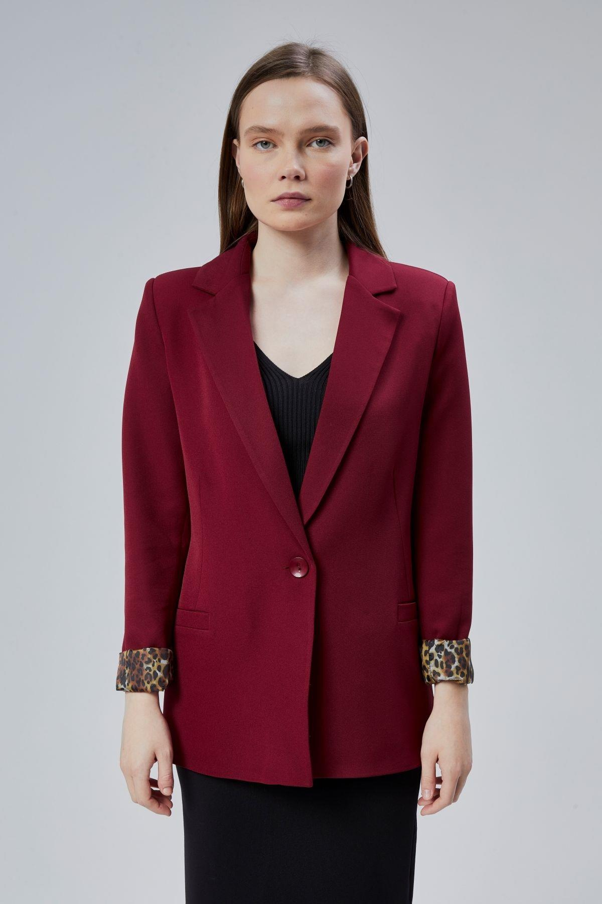 Bordo Kruvaze Yaka Kolu Katlama Detaylı Regular Vatkalı Blazer Ceket