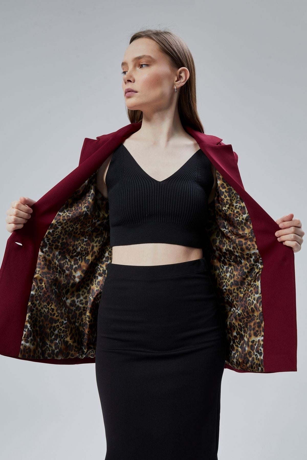 Bordo Kruvaze Yaka Kolu Katlama Detaylı Regular Vatkalı Blazer Ceket