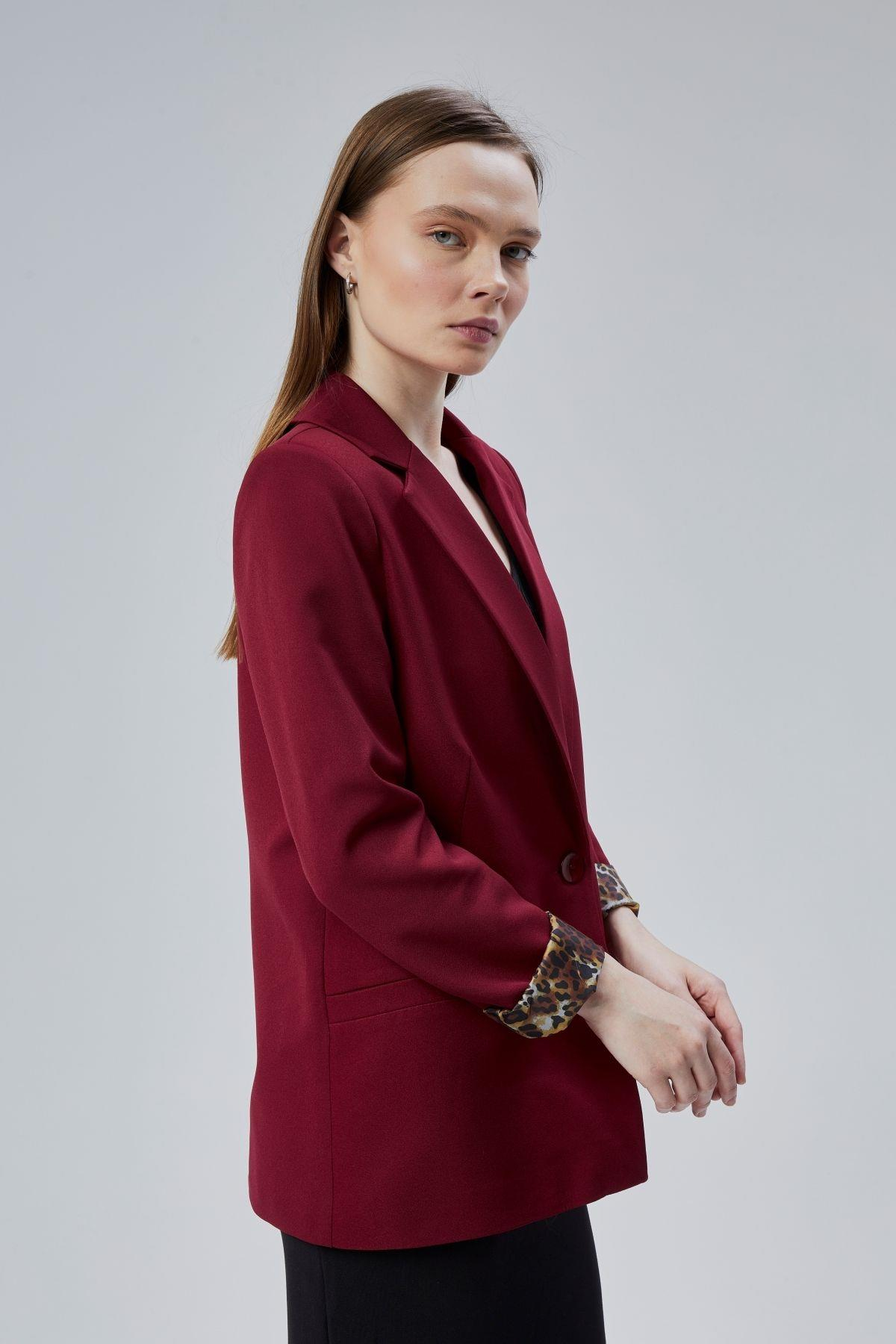 Bordo Kruvaze Yaka Kolu Katlama Detaylı Regular Vatkalı Blazer Ceket