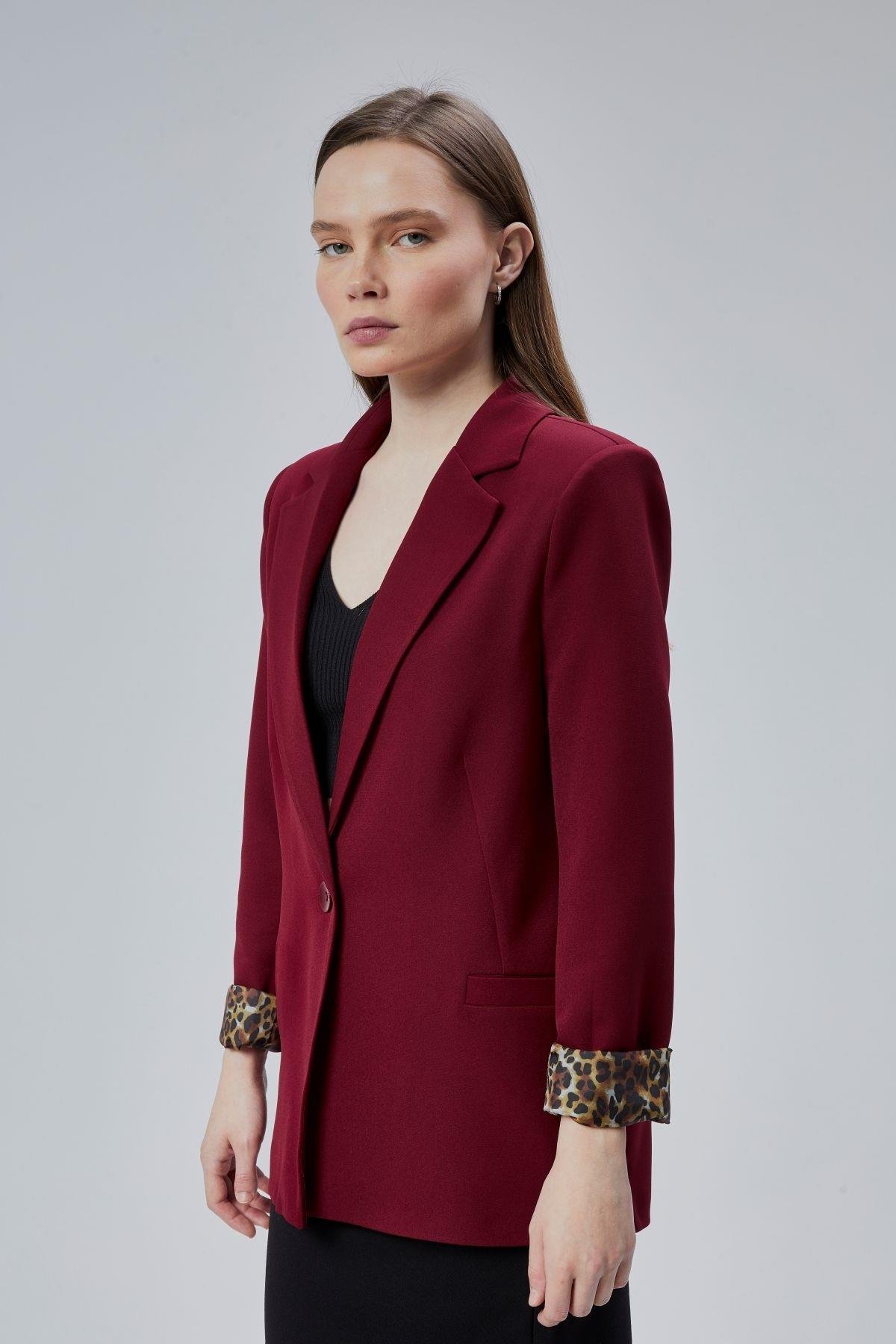 Bordo Kruvaze Yaka Kolu Katlama Detaylı Regular Vatkalı Blazer Ceket