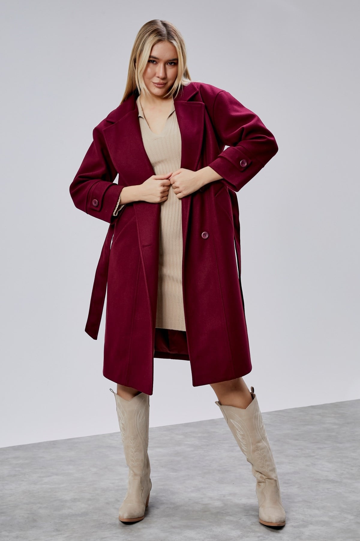 Bordo Kuşaklı Oversize Kaşe Kaban