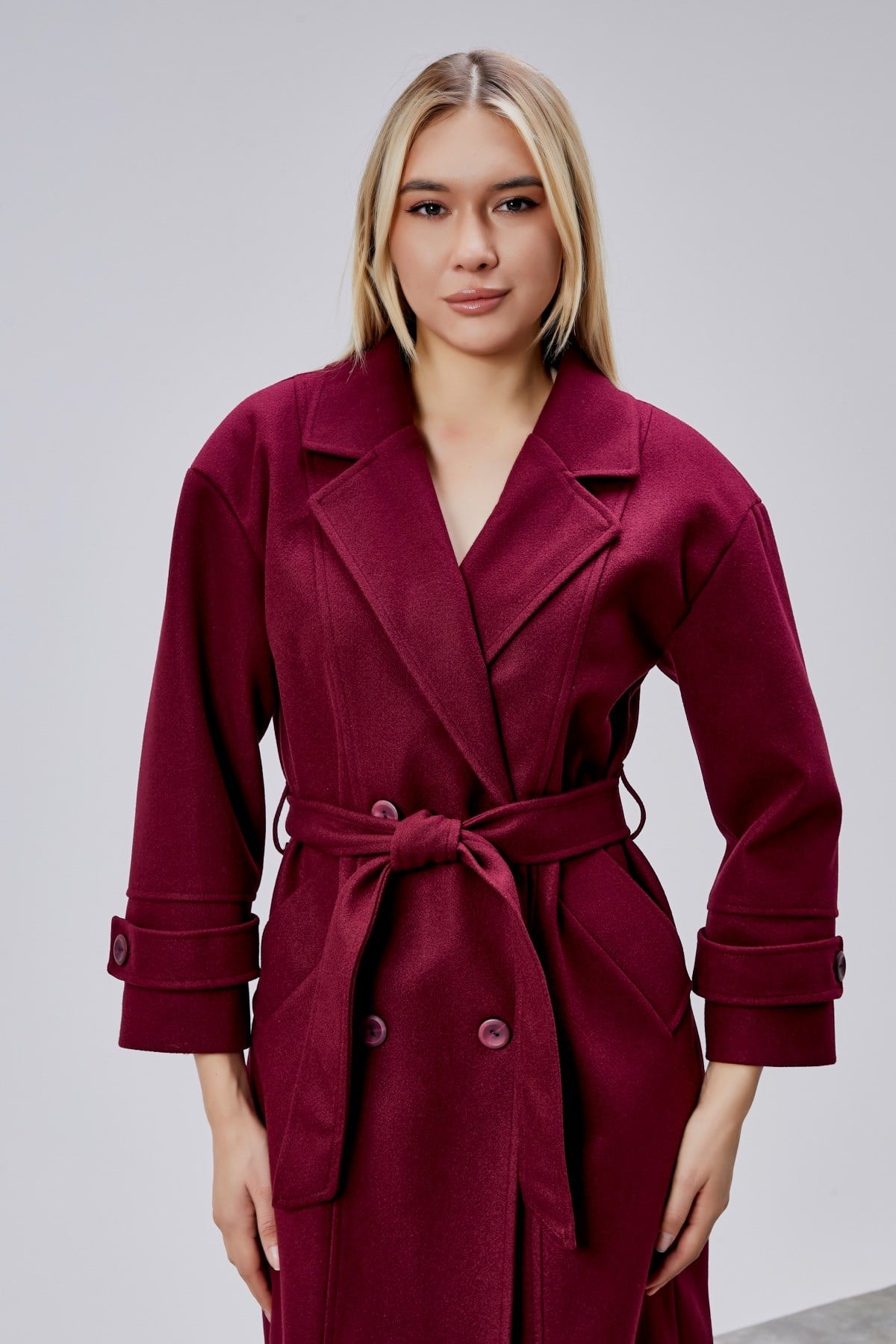 Bordo Kuşaklı Oversize Kaşe Kaban