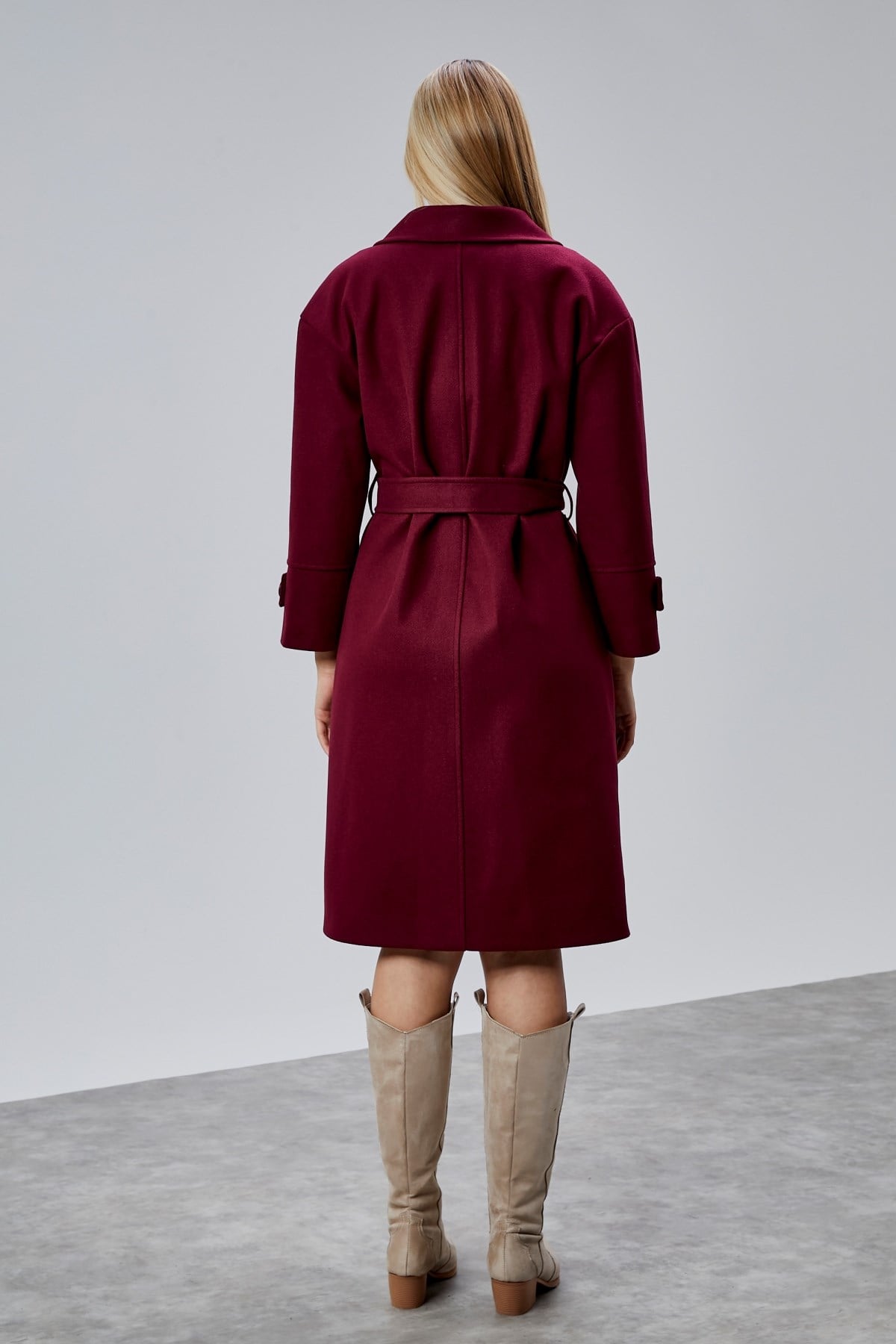 Bordo Kuşaklı Oversize Kaşe Kaban