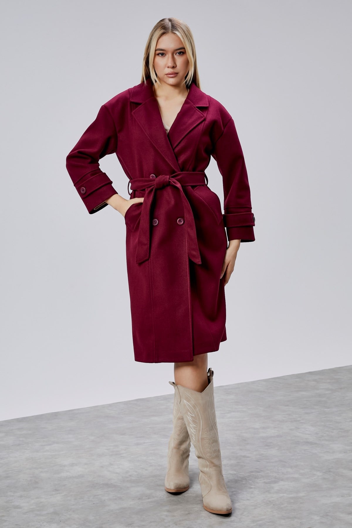 Bordo Kuşaklı Oversize Kaşe Kaban