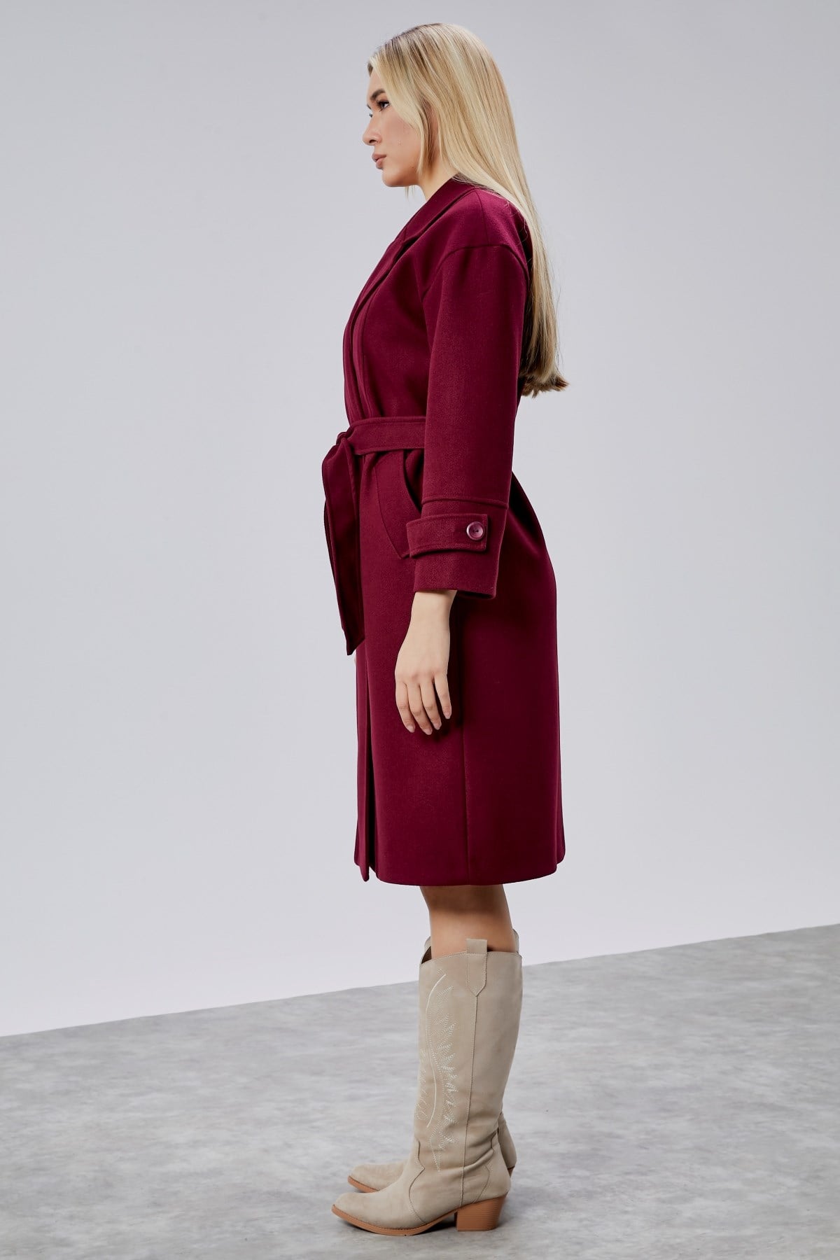 Bordo Kuşaklı Oversize Kaşe Kaban