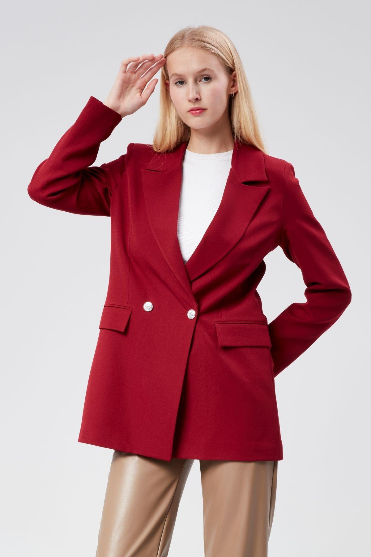 Bordo Oversize Dokuma Blazer Ceket