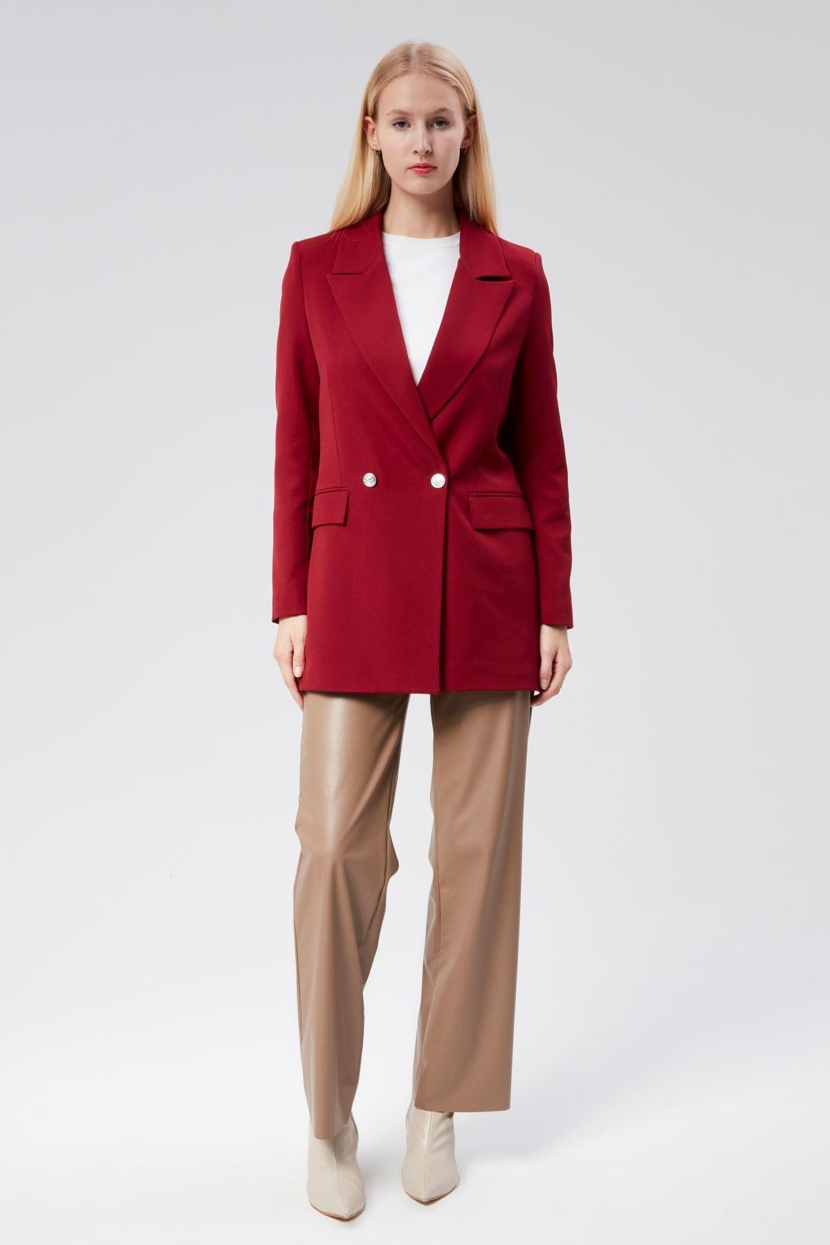 Bordo Oversize Dokuma Blazer Ceket