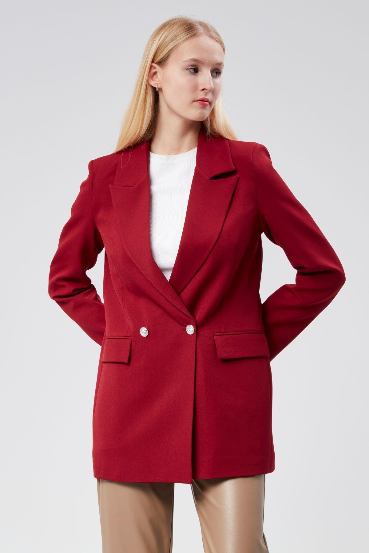 Bordo Oversize Dokuma Blazer Ceket