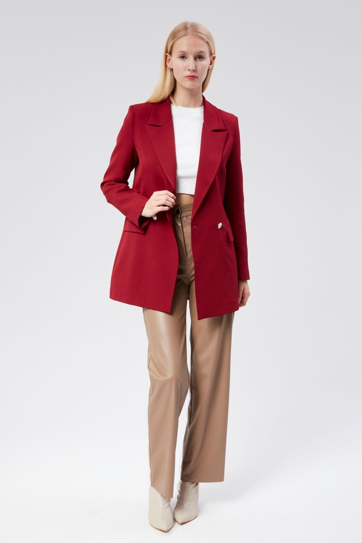 Bordo Oversize Dokuma Blazer Ceket
