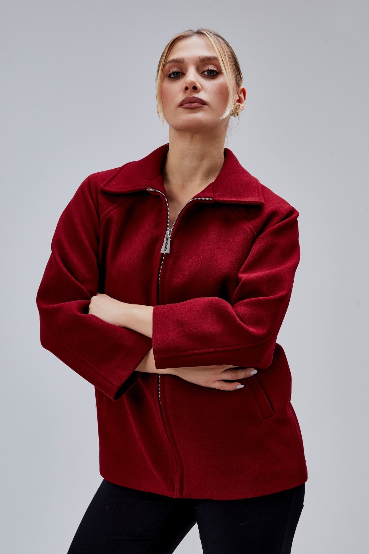 Bordo Oversize Fermuarlı Kaşe Ceket