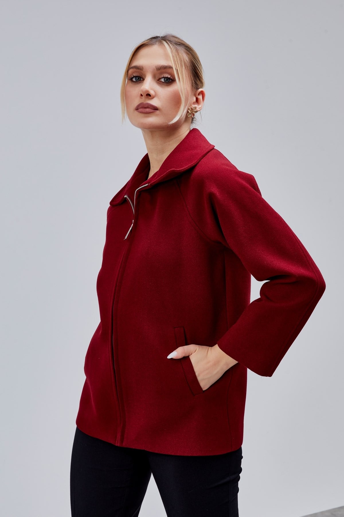 Bordo Oversize Fermuarlı Kaşe Ceket