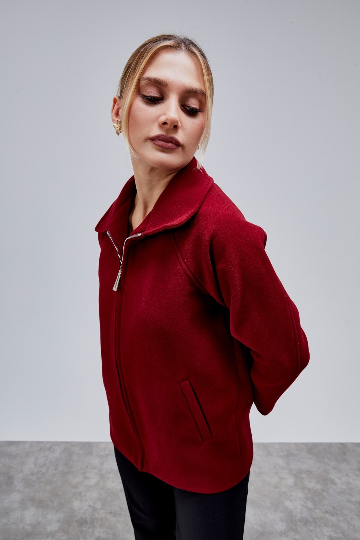 Bordo Oversize Fermuarlı Kaşe Ceket
