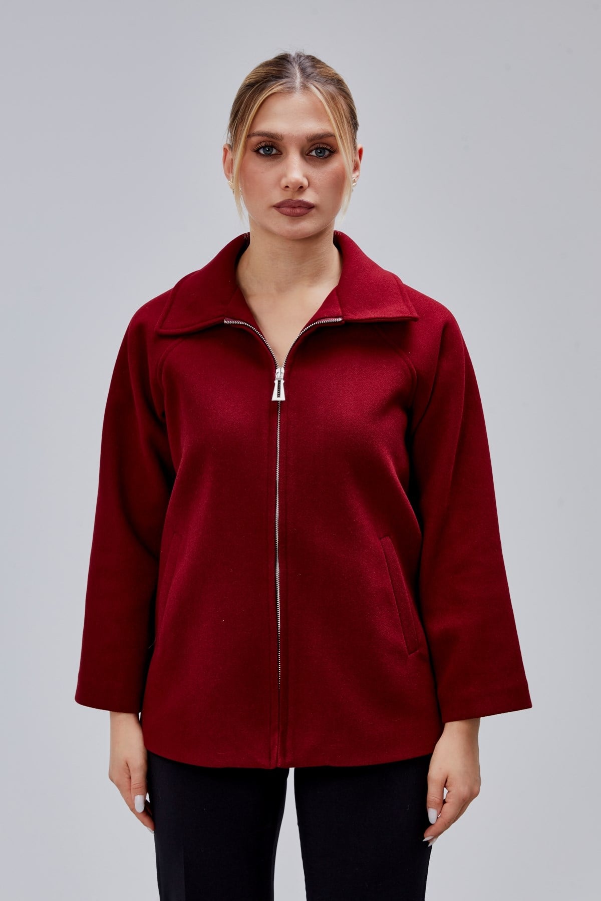 Bordo Oversize Fermuarlı Kaşe Ceket