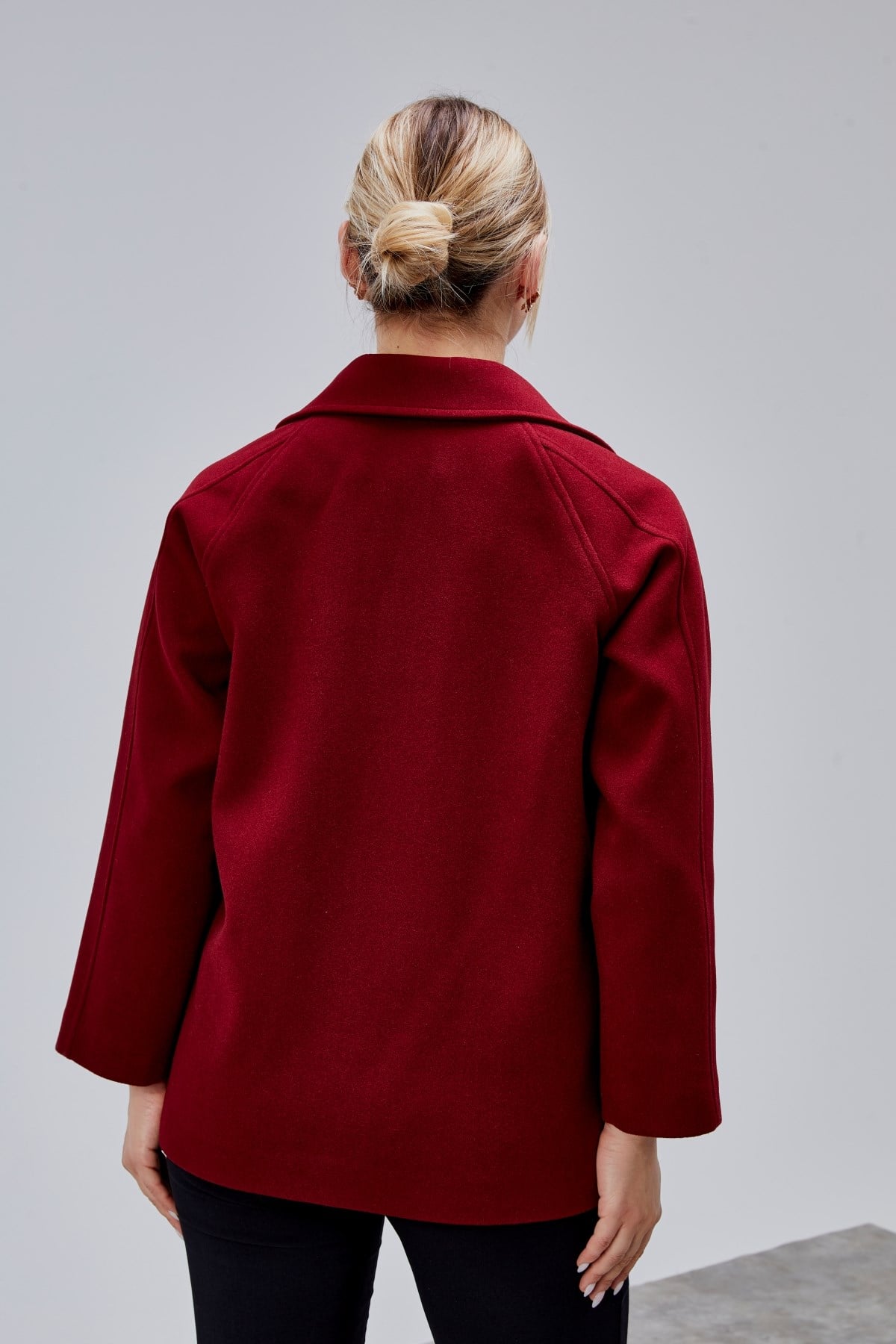 Bordo Oversize Fermuarlı Kaşe Ceket