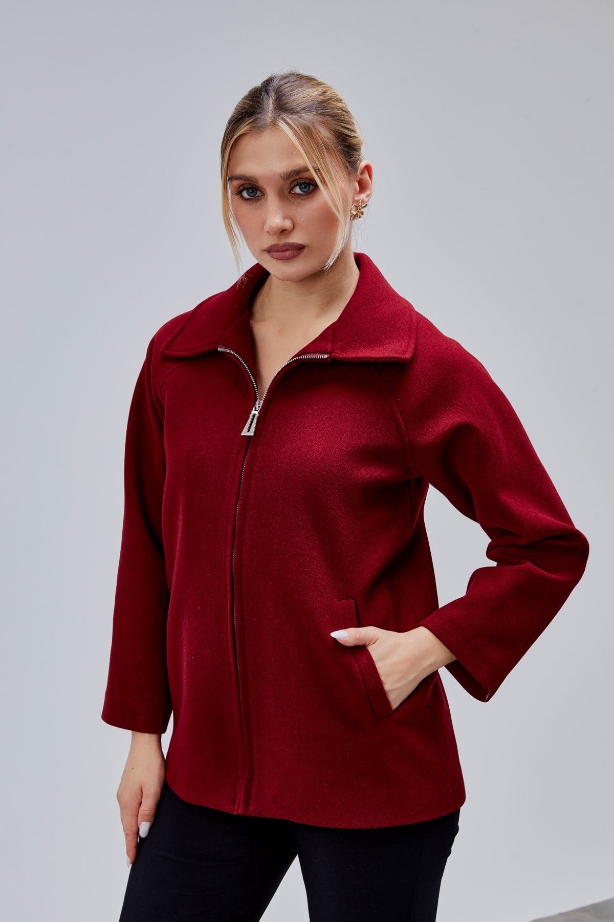 Bordo Oversize Fermuarlı Kaşe Ceket