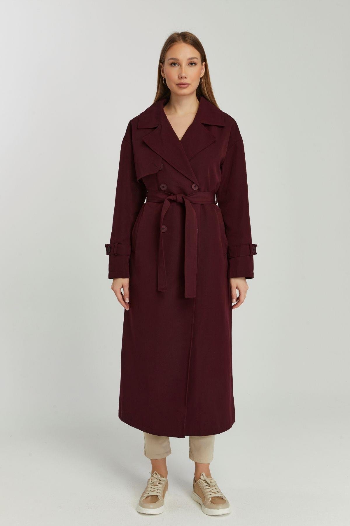 Bordo Oversize Rüzgarlık Detaylı Trençkot